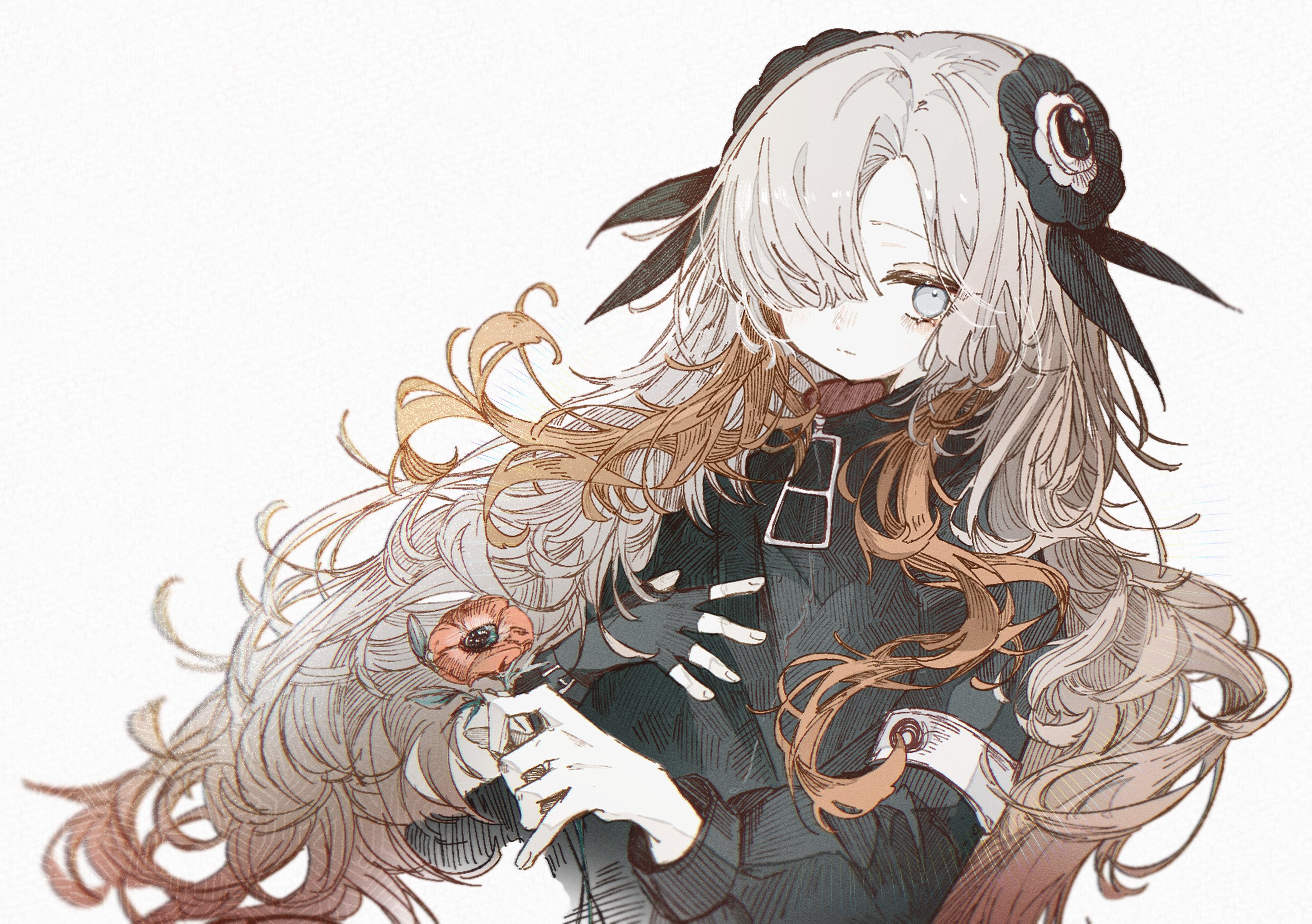 kokonama, isekaijoucho, kamitsubaki studio, highres, 1girl, anemone (flower), black coat, coat, expressionless, fingerless gloves, flower, gloves, grey eyes, grey hair, hair over one eye, holding, holding flower, long hair, looking at viewer, multicolored hair, red hair, solo, two-tone hair, upper body, wavy hair