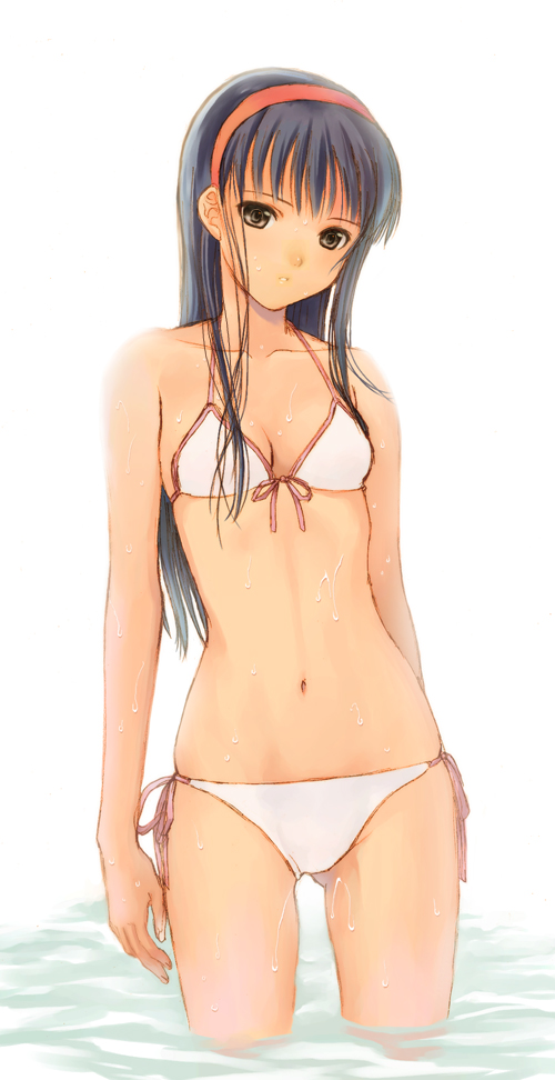 seiru (prairie), amagi yukiko, atlus, persona, persona 4, 1girl, arms at sides, bikini, black eyes, black hair, breasts, cleavage, cowboy shot, female focus, head tilt, side-tie bikini bottom, simple background, skindentation, solo, string bikini, surprised, swimsuit, wading, white background, white bikini