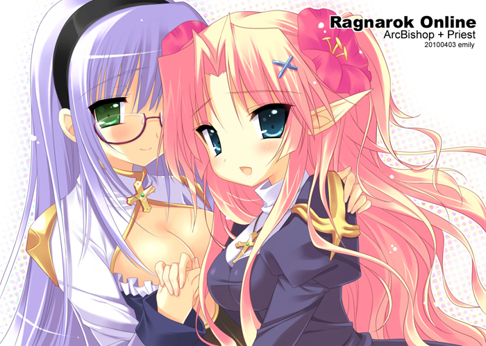 emily (pure dream), arch bishop (ragnarok online), priest (ragnarok online), ragnarok online, bad id, 2000s (style), 2girls, black dress, black hairband, blue eyes, blush, breasts, character name, cleavage, cleavage cutout, closed mouth, clothing cutout, copyright name, cross, cross necklace, curtained hair, dated, dress, flower, glasses, hair flower, hair ornament, hairband, hand on another's shoulder, holding hands, jewelry, juliet sleeves, large breasts, long hair, long sleeves, looking at viewer, medium breasts, multiple girls, necklace, open mouth, pink flower, pink hair, pointy ears, puffy sleeves, purple-framed eyewear, smile, two-tone dress, upper body, white background, white dress, x hair ornament