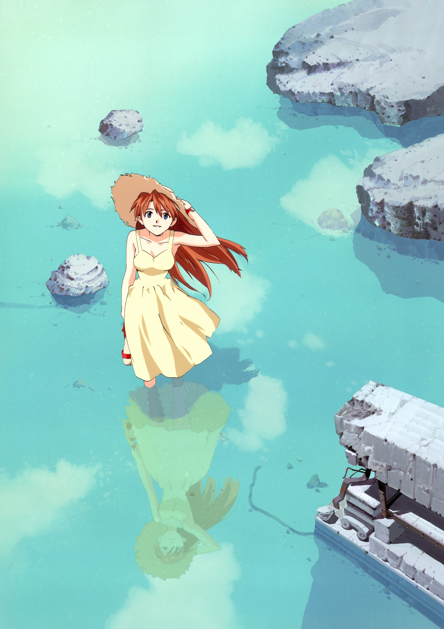 sushio, souryuu asuka langley, neon genesis evangelion, highres, 1girl, blue eyes, dress, female focus, from above, hat, holding, holding shoes, holding unworn clothes, long hair, orange hair, outdoors, red hair, reflection, reflective water, ruins, sandals, shoes, smile, solo, straw hat, unworn shoes, wading, watch, water, wind, wristwatch, yellow dress
