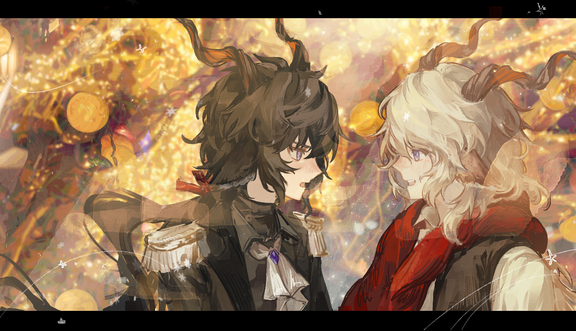 tomamo09, ebenholz (arknights), kreide (arknights), arknights, commentary, 2boys, abstract background, animal ears, ascot, black hair, black jacket, black shirt, blurry, blush, bokeh, bow, collared shirt, depth of field, epaulettes, goat boy, goat ears, goat horns, hair bow, horns, jacket, letterboxed, long hair, looking at another, male focus, multiple boys, open mouth, orange background, purple eyes, red bow, red scarf, scarf, shirt, sidelocks, sleeveless, sleeveless jacket, sparkle, upper body, white ascot, white hair, white shirt