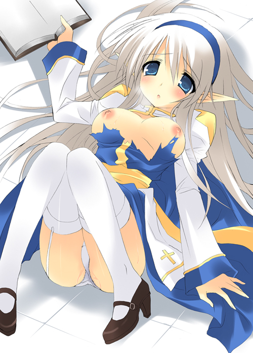 emily (pure dream), arch bishop (ragnarok online), ragnarok online, bad id, 1girl, 2000s (style), black shoes, blue dress, blue eyes, blue hairband, blush, book, breasts, breasts out, dress, full body, garter straps, hairband, holding, holding book, juliet sleeves, large breasts, long hair, long sleeves, looking at viewer, lying, nipples, on back, panties, pointy ears, puffy sleeves, sash, shoes, solo, thighhighs, torn clothes, torn dress, two-tone dress, underwear, white dress, white hair, white panties, white thighhighs, yellow sash