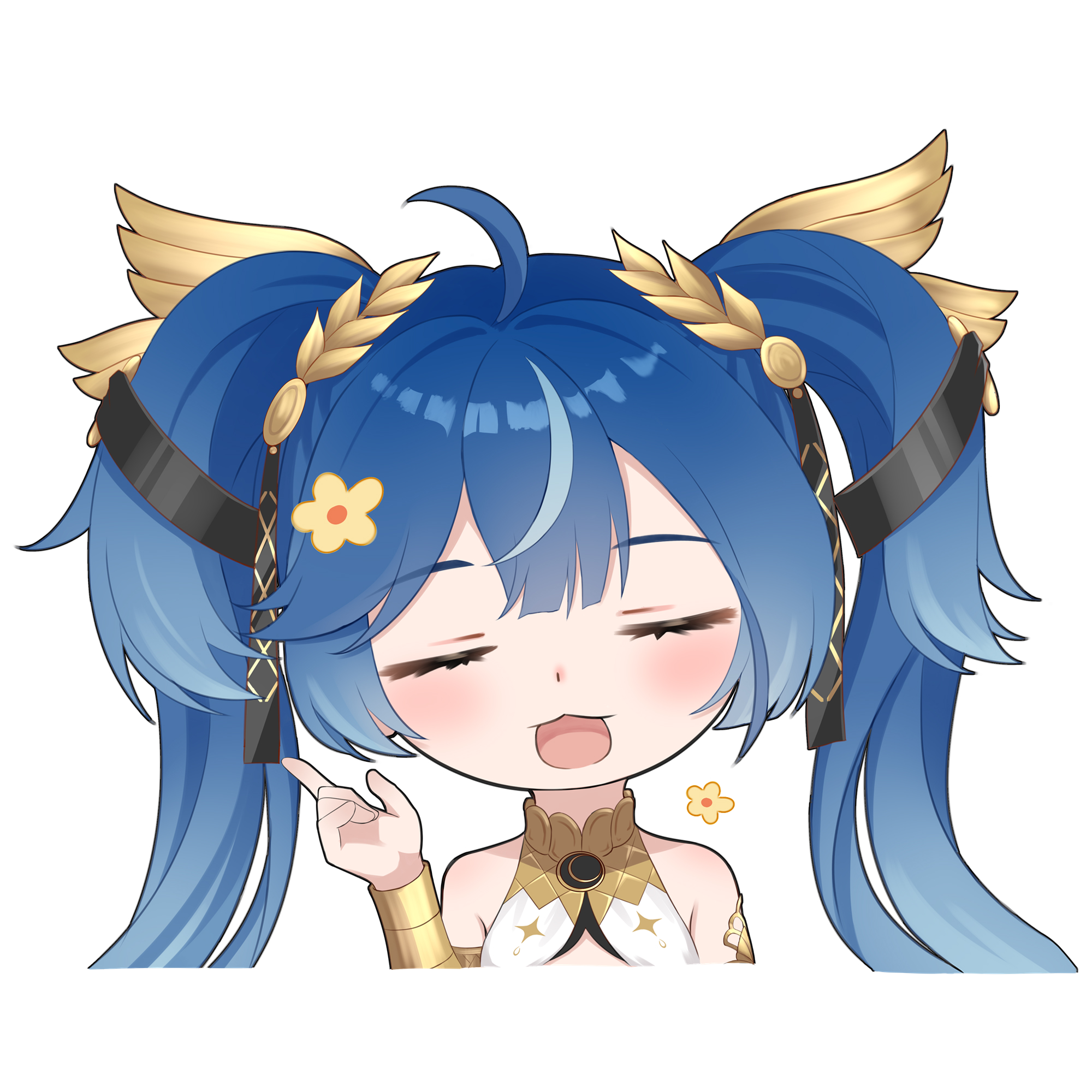 dongyun hua, iuno (wuthering waves), wuthering waves, commentary request, highres, 1girl, ahoge, armlet, bare shoulders, blue hair, closed eyes, facing viewer, hand up, jewelry, laurel crown, multicolored hair, open mouth, simple background, solo, streaked hair, twintails, upper body, vambraces, white background