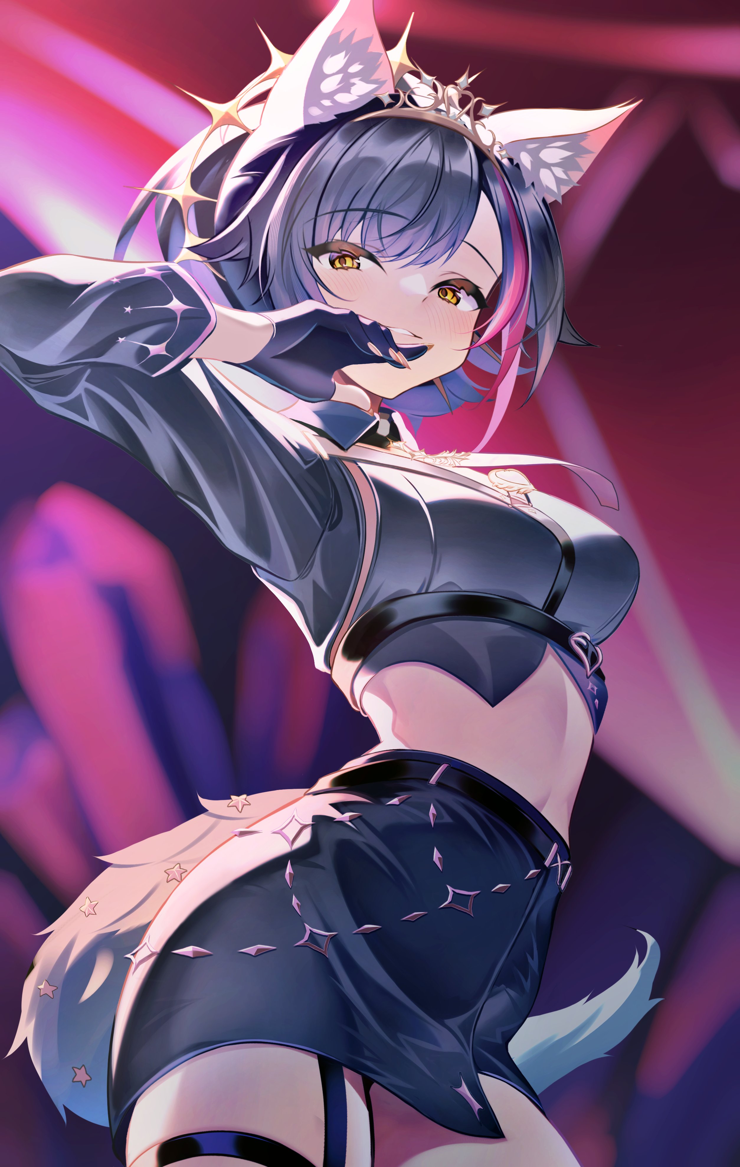 anichika, ookami mio, ookami mio (our sparkle), hololive, absurdres, commentary request, highres, 1girl, animal ear fluff, animal ears, black gloves, black hair, black shirt, black skirt, blurry, blurry background, collared shirt, flipped hair, garter straps, gloves, gold tiara, hand up, high-waist skirt, looking at viewer, midriff, miniskirt, multicolored hair, navel, necktie, official alternate costume, official alternate hairstyle, partially fingerless gloves, pencil skirt, red hair, shirt, short hair, single garter strap, skirt, solo, streaked hair, swept bangs, tail, thigh strap, virtual youtuber, wolf ears, wolf girl, wolf tail, yellow eyes