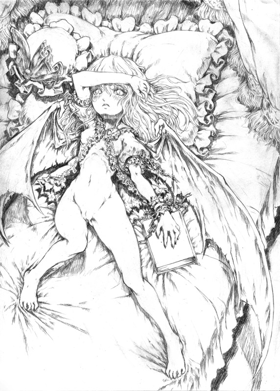 katzeh, remilia scarlet, touhou, 1girl, barefoot, bed, blush, book, bottomless, chain, feet, female focus, greyscale, hat, loli, lying, monochrome, navel, pillow, pussy, sketch, solo, toes, wings