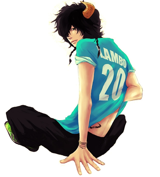 lambo, katekyo hitman reborn!, 00s, aged up, black hair, braid, horns, male focus, solo, tattoo