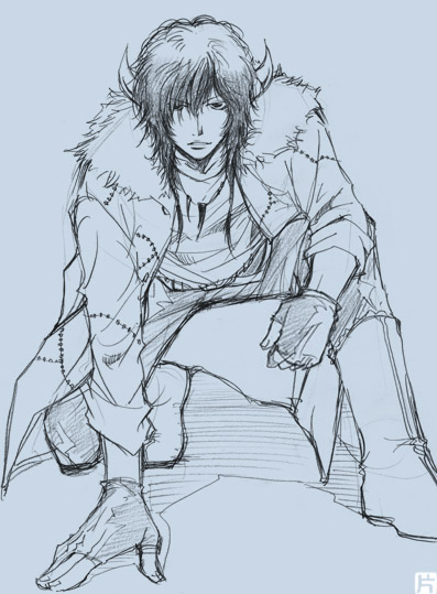 lambo, katekyo hitman reborn!, 00s, 1boy, aged up, black hair, blue background, blue theme, braid, coat, gloves, horns, jewelry, male focus, monochrome, necklace, sketch, solo