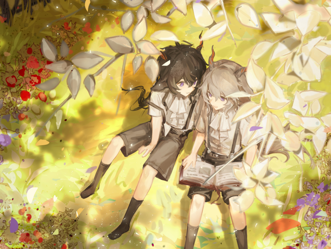 tomamo09, ebenholz (arknights), kreide (arknights), arknights, commentary, 2boys, aged down, animal ears, apron, arm support, black hair, black shorts, black socks, book, center frills, frilled shirt, frills, from above, full body, goat boy, goat ears, goat horns, horns, leaf, long hair, looking at another, male focus, multiple boys, no shoes, open book, outdoors, purple eyes, reading, shirt, short sleeves, shorts, socks, suspender shorts, suspenders, white apron, white shirt