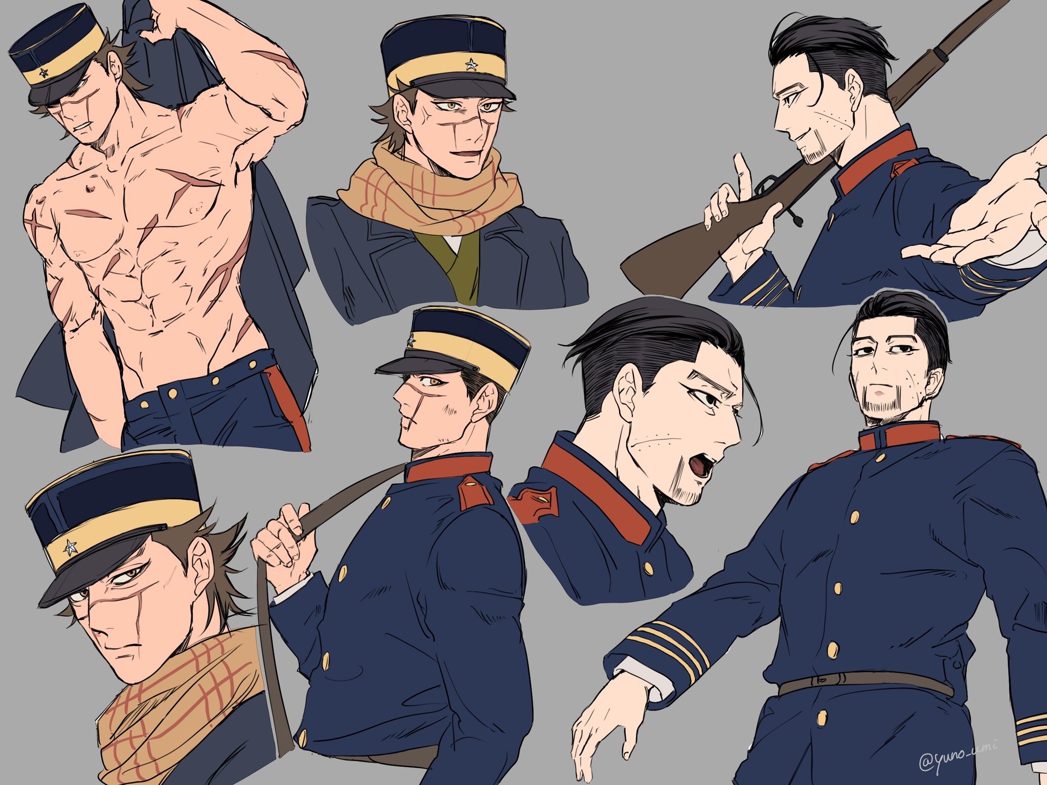 washiko (rasuko), ogata hyakunosuke, sugimoto saichi, golden kamuy, commentary request, highres, 2boys, black eyes, blue jacket, brown hair, closed mouth, facial hair, goatee stubble, grey background, gun, hat, holding, holding gun, holding weapon, jacket, male focus, military hat, multiple boys, multiple views, open mouth, parted lips, rifle, scar, scar on arm, scar on chest, scar on face, scarf, scars all over, short hair, stubble, too many, weapon