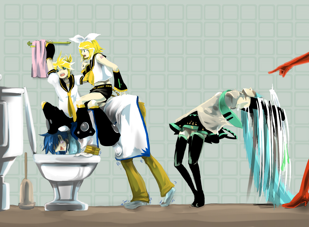 hashimochi, hatsune miku, kagamine len, kagamine rin, kaito (vocaloid), meiko (vocaloid), vocaloid, bad id, bad pixiv id, 2boys, 2girls, aqua hair, blonde hair, blue eyes, blue hair, brown hair, detached sleeves, multiple boys, multiple girls, necktie, ribbon, short hair, skirt, star (symbol), thighhighs, toilet, twintails