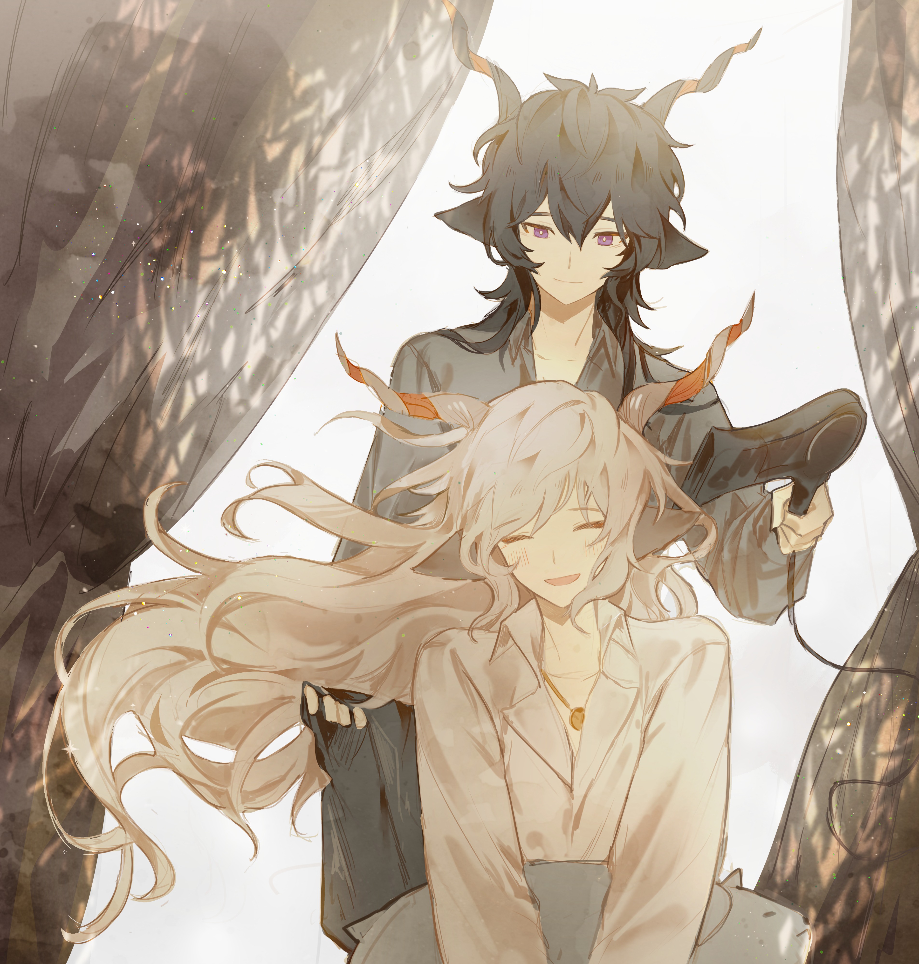 tomamo09, ebenholz (arknights), kreide (arknights), arknights, absurdres, commentary, highres, 2boys, animal ears, black hair, closed eyes, closed mouth, collared shirt, curtains, drying, drying another's hair, drying hair, goat boy, goat ears, goat horns, hair dryer, holding, holding hair dryer, holding pillow, horns, jewelry, male focus, multiple boys, necklace, open mouth, pajamas, pillow, purple eyes, shirt, sidelocks, simple background, smile, upper body, white background, white hair, white shirt, yaoi