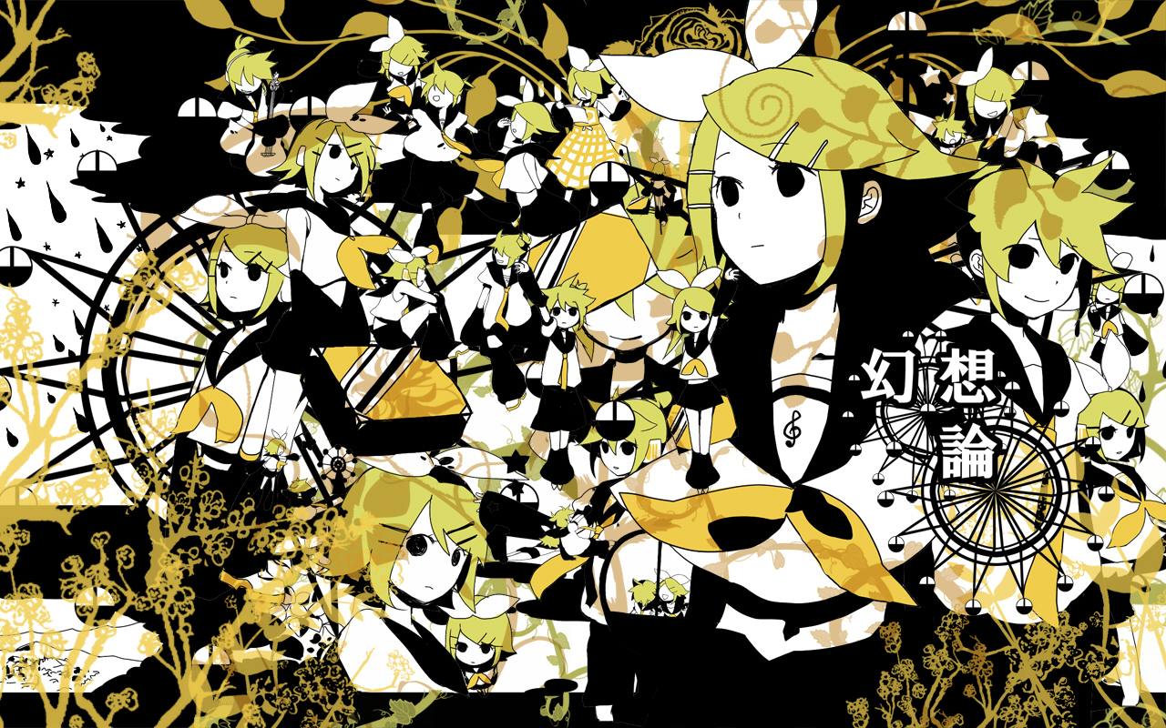 hashimochi, kagamine len, kagamine rin, vocaloid, 1boy, 1girl, blonde hair, brother and sister, chibi, detached sleeves, hair ornament, hairclip, ribbon, siblings, twins