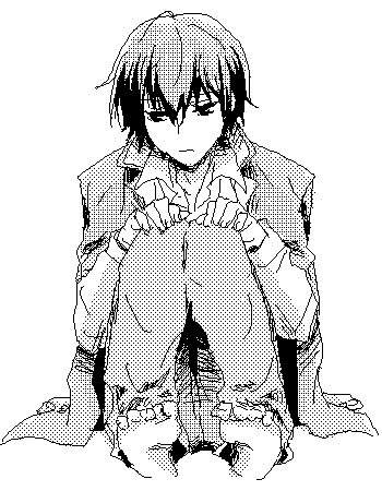 hibari kyouya, katekyo hitman reborn!, shueisha, lowres, 00s, 1boy, barefoot, feet, greyscale, male focus, monochrome, oekaki, school uniform, short hair, sitting, solo