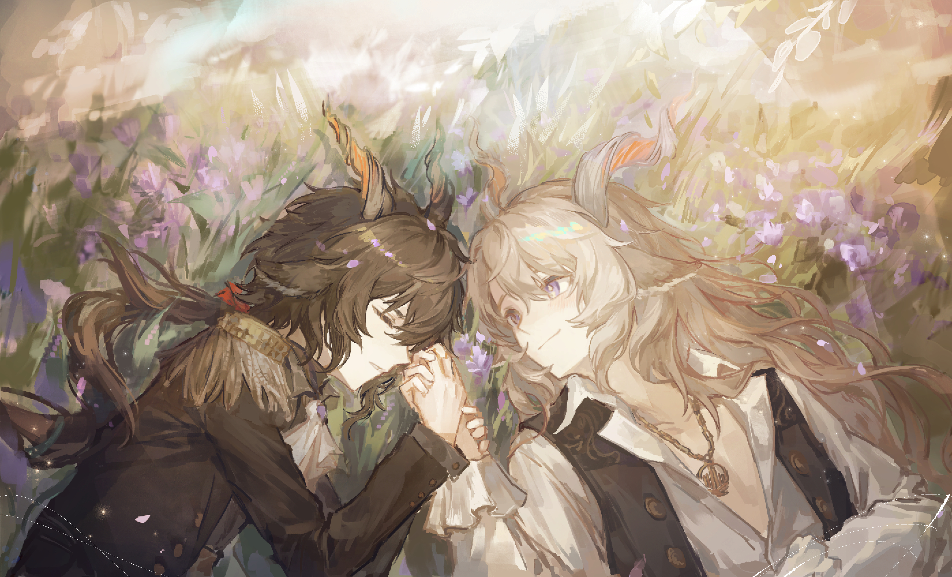 tomamo09, ebenholz (arknights), kreide (arknights), arknights, absurdres, commentary, highres, 2boys, animal ears, ascot, black hair, black jacket, blush, closed eyes, epaulettes, field, goat boy, goat ears, goat horns, happy, holding hands, horns, jacket, jewelry, long hair, looking at viewer, lying, male focus, multiple boys, necklace, on back, parted lips, ponytail, purple eyes, shirt, sleeveless, sleeveless jacket, smile, upper body, white ascot, white hair, white shirt, yaoi