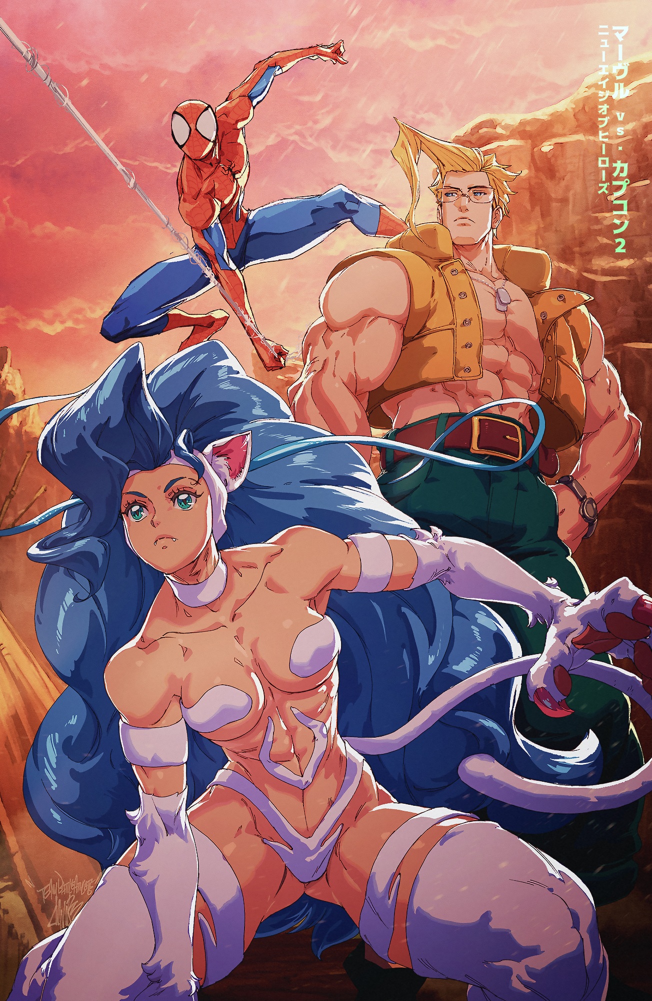 david liu, charlie nash, felicia (darkstalkers), spider-man, capcom, darkstalkers, marvel, marvel vs. capcom, marvel vs. capcom 2, spider-man (series), street fighter, commentary, english commentary, highres, translation request, 1girl, 2boys, animal ears, animal hands, animal print, big hair, blonde hair, blue bodysuit, blue hair, body fur, bodysuit, breasts, cat ears, cat girl, cat tail, claws, cloud, cloudy sky, dog tags, fangs, flak jacket, glasses, hands on own hips, jacket, long hair, multicolored bodysuit, multiple boys, muscular, muscular male, open clothes, open jacket, outdoors, red bodysuit, signature, sky, spider print, spider web print, superhero costume, swinging on web, tail, two-tone bodysuit, very long hair, watch, white fur, wristwatch