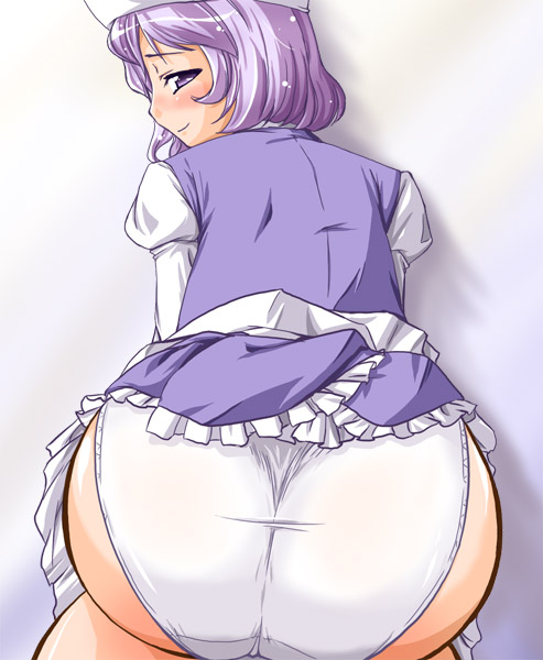 letty whiterock, touhou, non-web source, 1girl, ass, female focus, hat, huge ass, looking back, panties, smile, solo, underwear