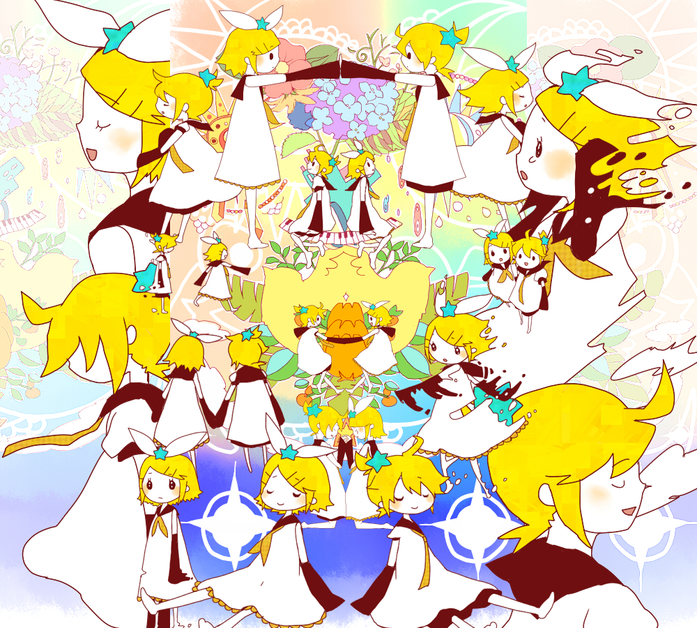 hashimochi, kagamine len, kagamine rin, gemini (vocaloid), vocaloid, 1boy, 1girl, blonde hair, blue eyes, brother and sister, chibi, detached sleeves, hair ornament, hairclip, ribbon, siblings, star (symbol), twins