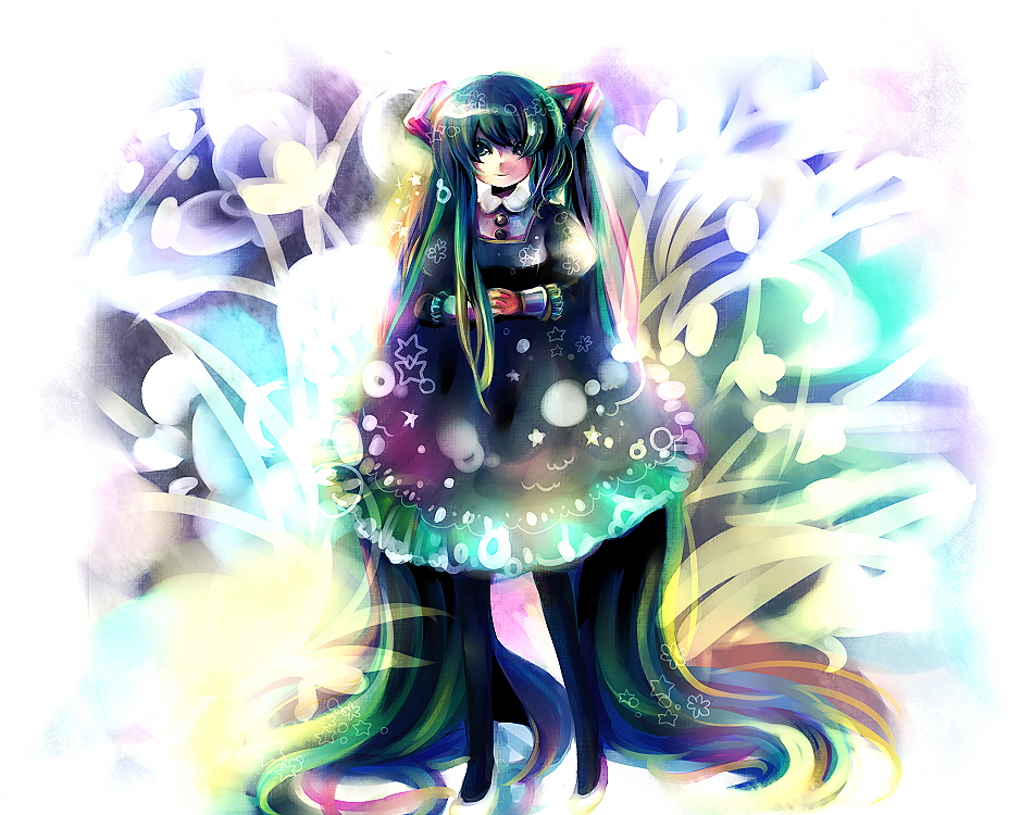 hashimochi, hatsune miku, vocaloid, aqua eyes, aqua hair, dress, long hair, smile, solo, twintails, very long hair