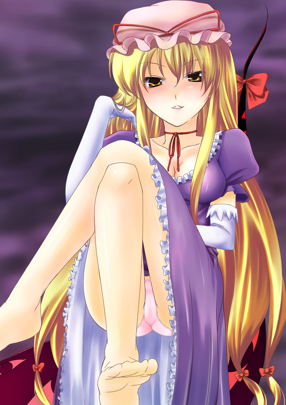 nigo (aozoragarou), yakumo yukari, touhou, highres, non-web source, 1girl, barefoot, crossed legs, elbow gloves, feet, female focus, gloves, hat, panties, panties under pantyhose, pantyhose, see-through clothes, see-through legwear, sitting, solo, underwear