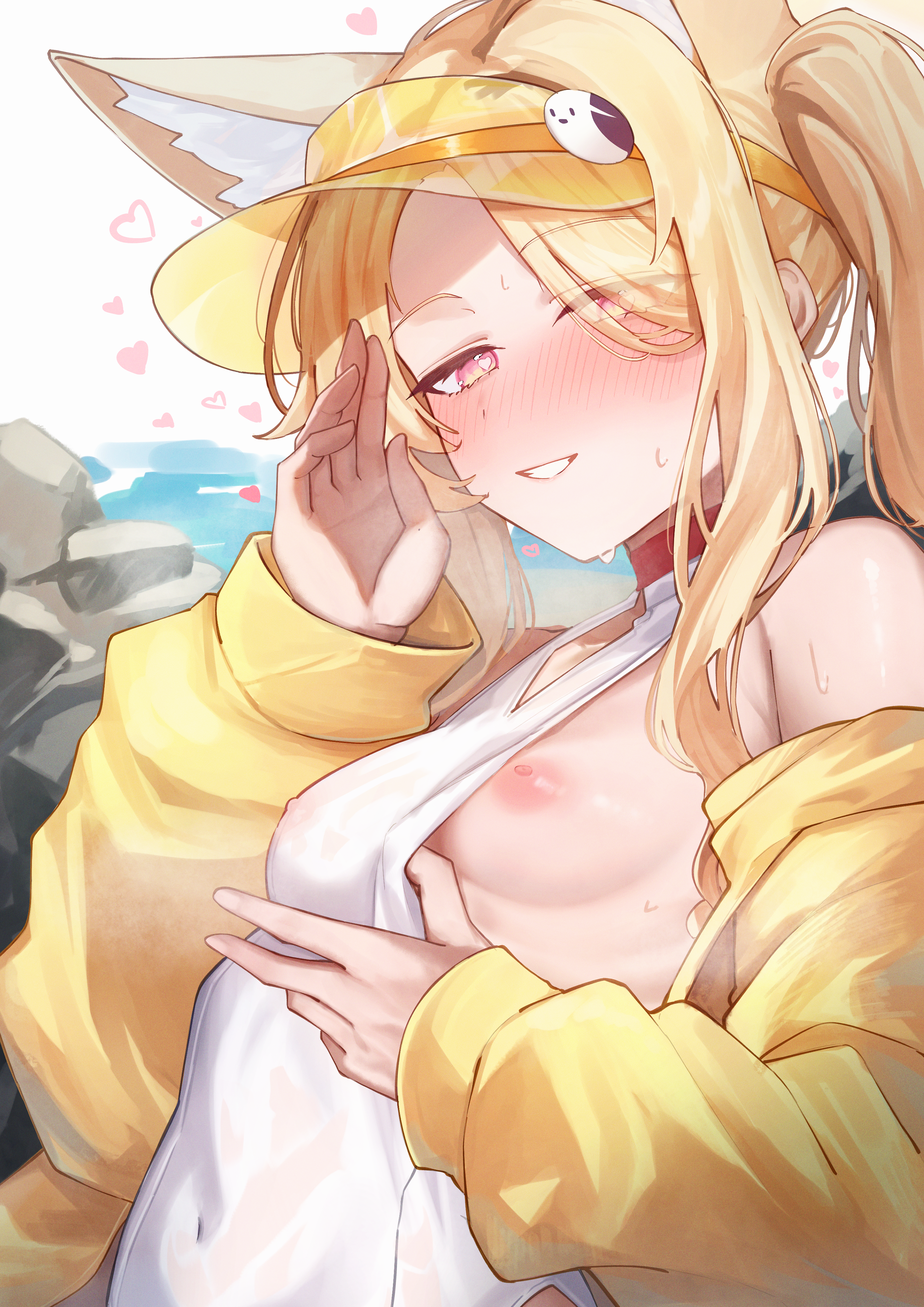 oiru (613), seia (blue archive), seia (swimsuit) (blue archive), blue archive, seaside, absurdres, commentary request, highres, animal, animal ears, blonde hair, blush, breasts, clothing cutout, covered navel, flashing, fox ears, hat, heart, jacket, long hair, looking at viewer, nipple slip, nipples, official alternate costume, one-piece swimsuit, puffy sleeves, side ponytail, small breasts, smile, solo, sweat, swimsuit, visor cap, white one-piece swimsuit, yellow visor