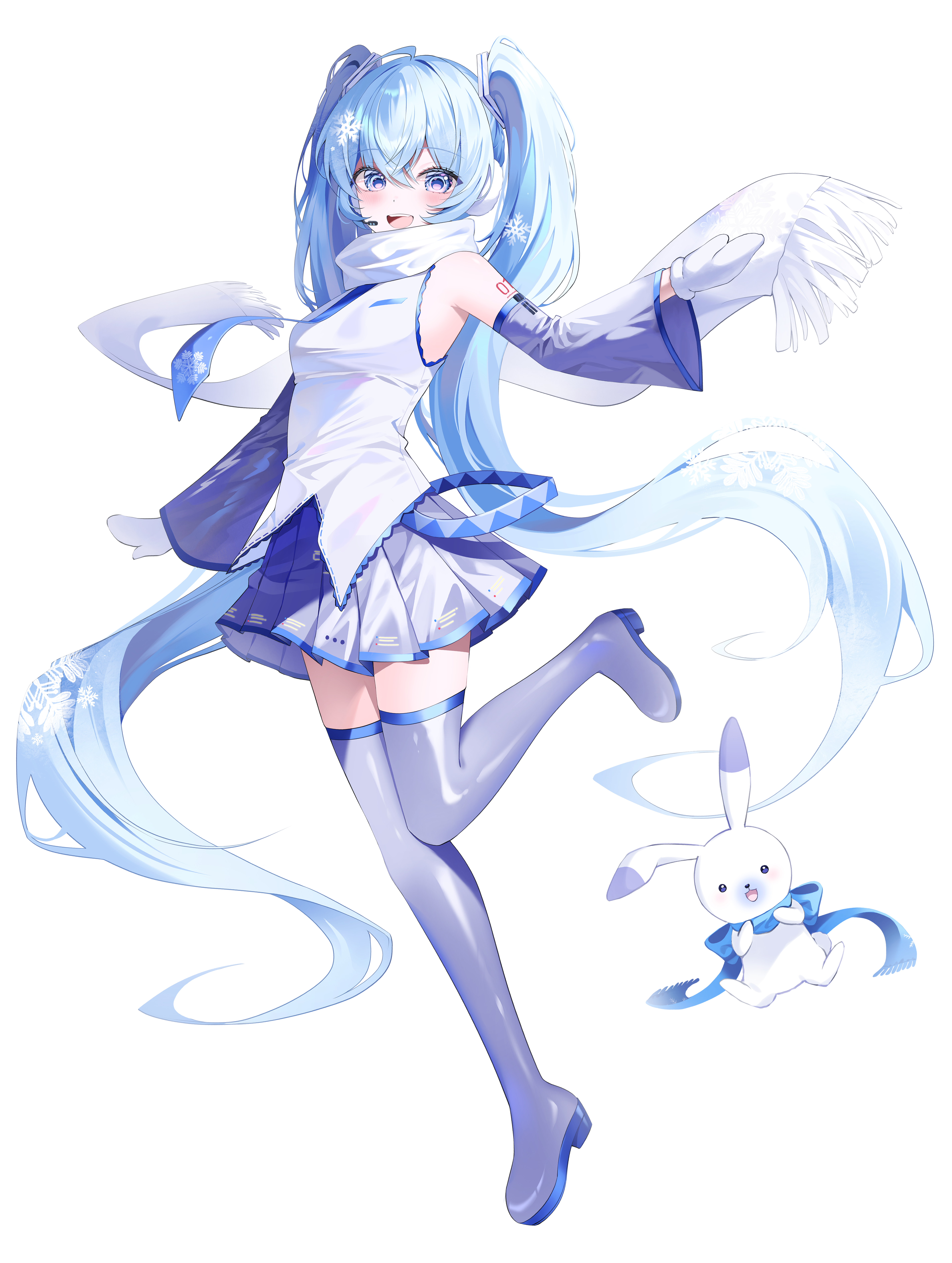 tess (88884), hatsune miku, rabbit yukine, yuki miku, yuki miku (2011), vocaloid, absurdres, highres, 1girl, 1other, aqua hair, arm tattoo, blue eyes, blue scarf, blue trim, blush, boots, breasts, detached sleeves, hair between eyes, hair ornament, headset, long sleeves, looking at viewer, medium breasts, mittens, number tattoo, open mouth, scarf, shirt, simple background, sleeveless, sleeveless shirt, smile, snowflake print, standing, standing on one leg, tattoo, thigh boots, thighhighs, white mittens, white scarf, white shirt, zettai ryouiki