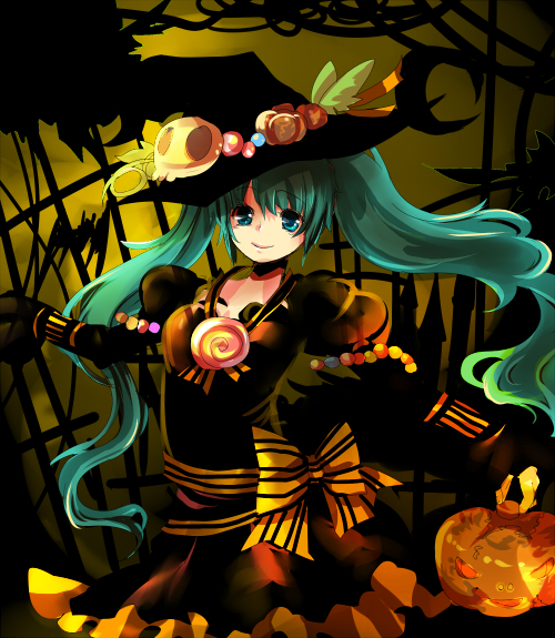 hashimochi, hatsune miku, vocaloid, aqua eyes, aqua hair, dress, hat, long hair, ribbon, skull, smile, solo, twintails, very long hair, witch hat