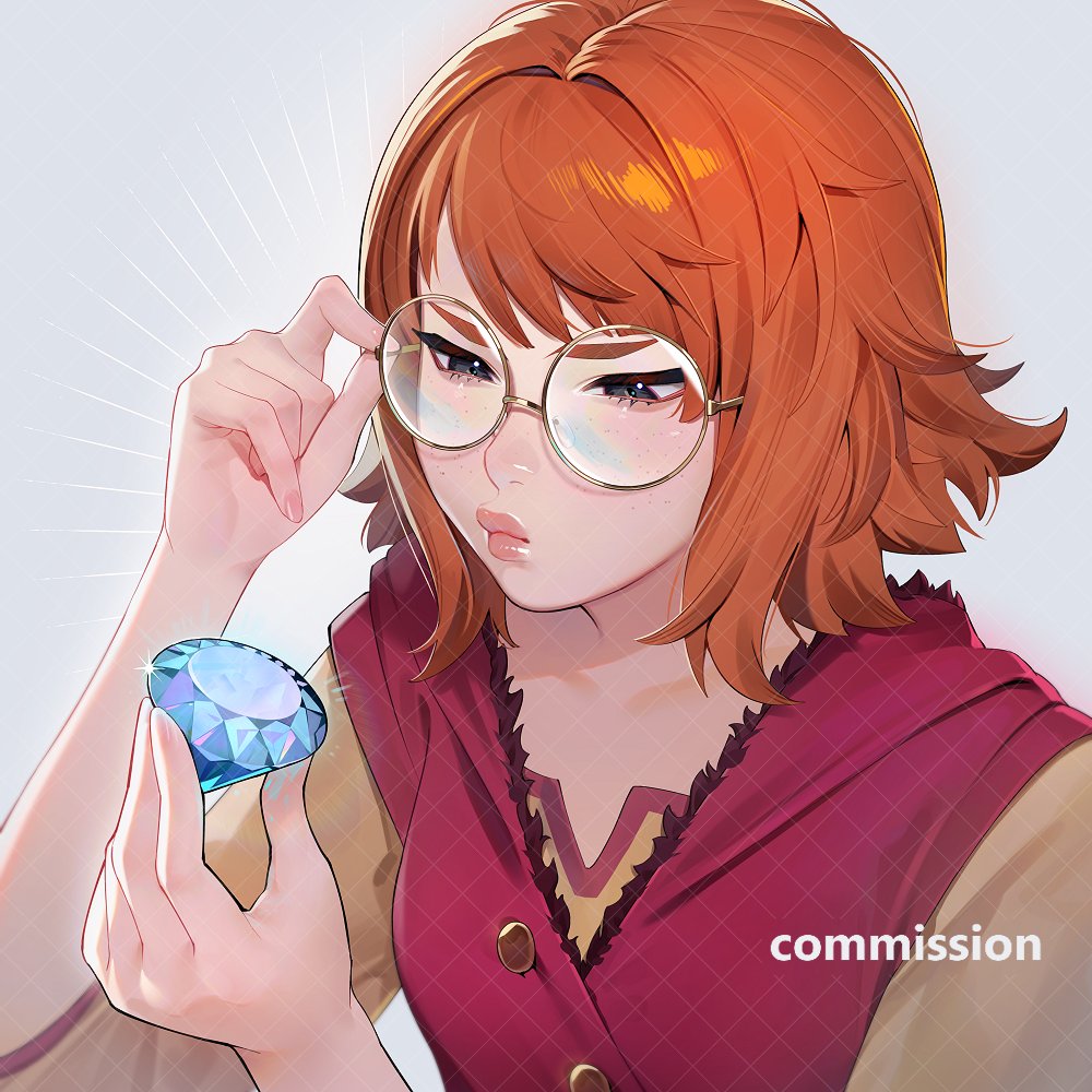 lavelis, original, commission, 1girl, adjusting eyewear, black eyes, buttons, diamond (gemstone), fingernails, freckles, glasses, grey background, holding, lips, orange hair, pink lips, pink nails, red vest, round eyewear, short hair, simple background, solo, vest