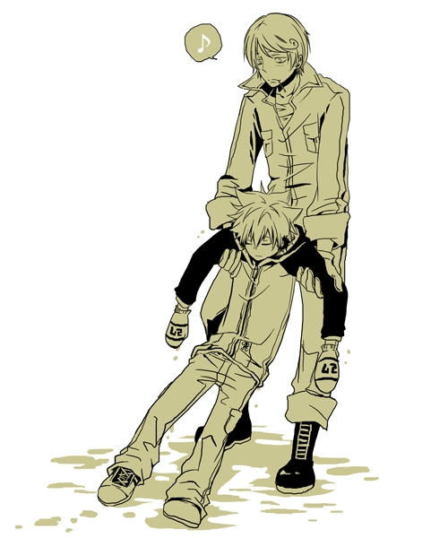 sawada tsunayoshi, spanner (reborn!), katekyo hitman reborn!, 00s, 2boys, blush, candy, food, gloves, jumpsuit, lollipop, male focus, mittens, monochrome, multiple boys, raglan sleeves, sleeping, unconscious, wink, yellow theme