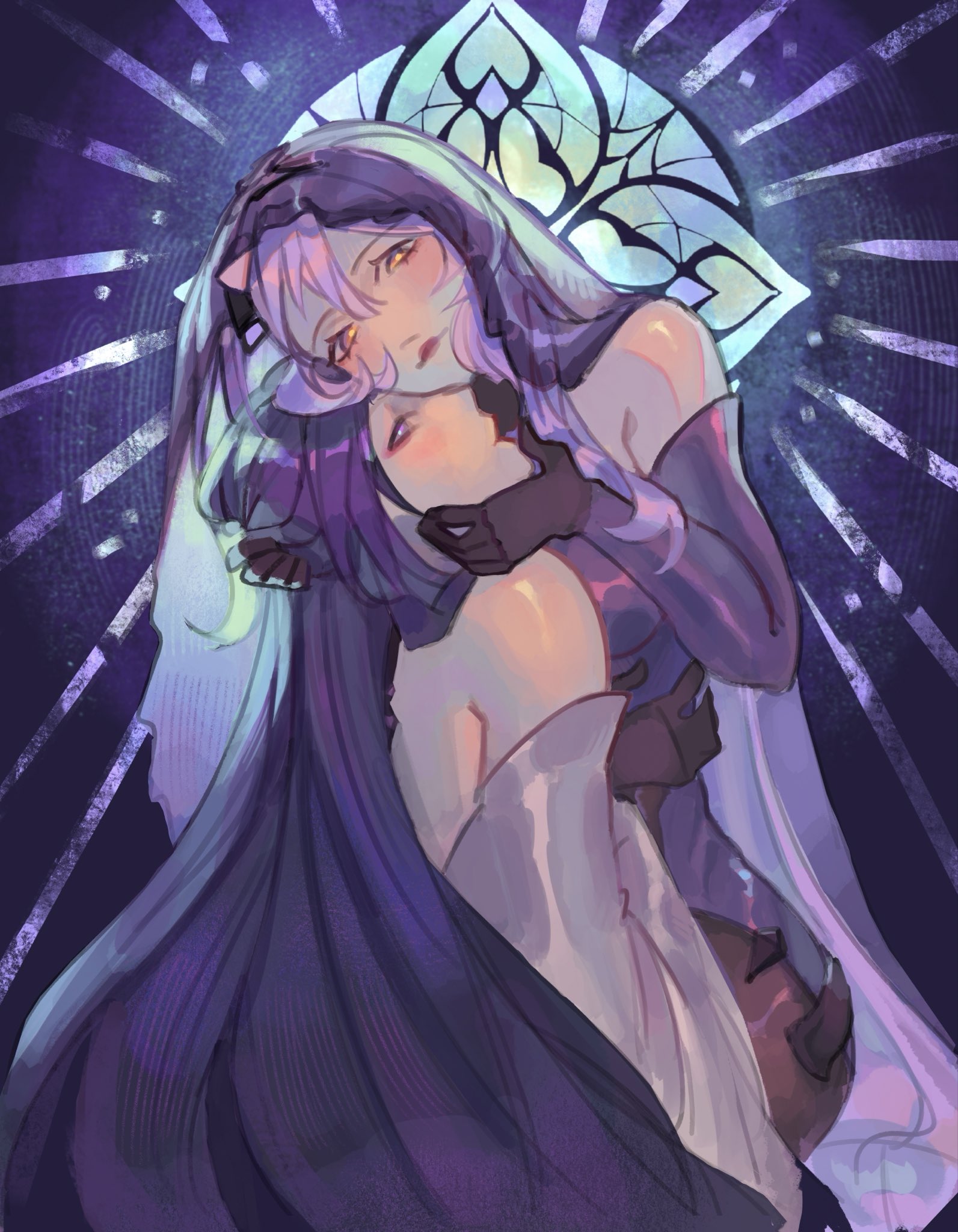 acheron (honkai: star rail), black swan (honkai: star rail), honkai: star rail, honkai (series), hashtag-only commentary, highres, 2girls, chuupep, detached sleeves, gloves, hair between eyes, hand on another's head, hug, light rays, long hair, looking at viewer, multiple girls, purple eyes, purple hair, veil, very long hair, yellow eyes, yuri