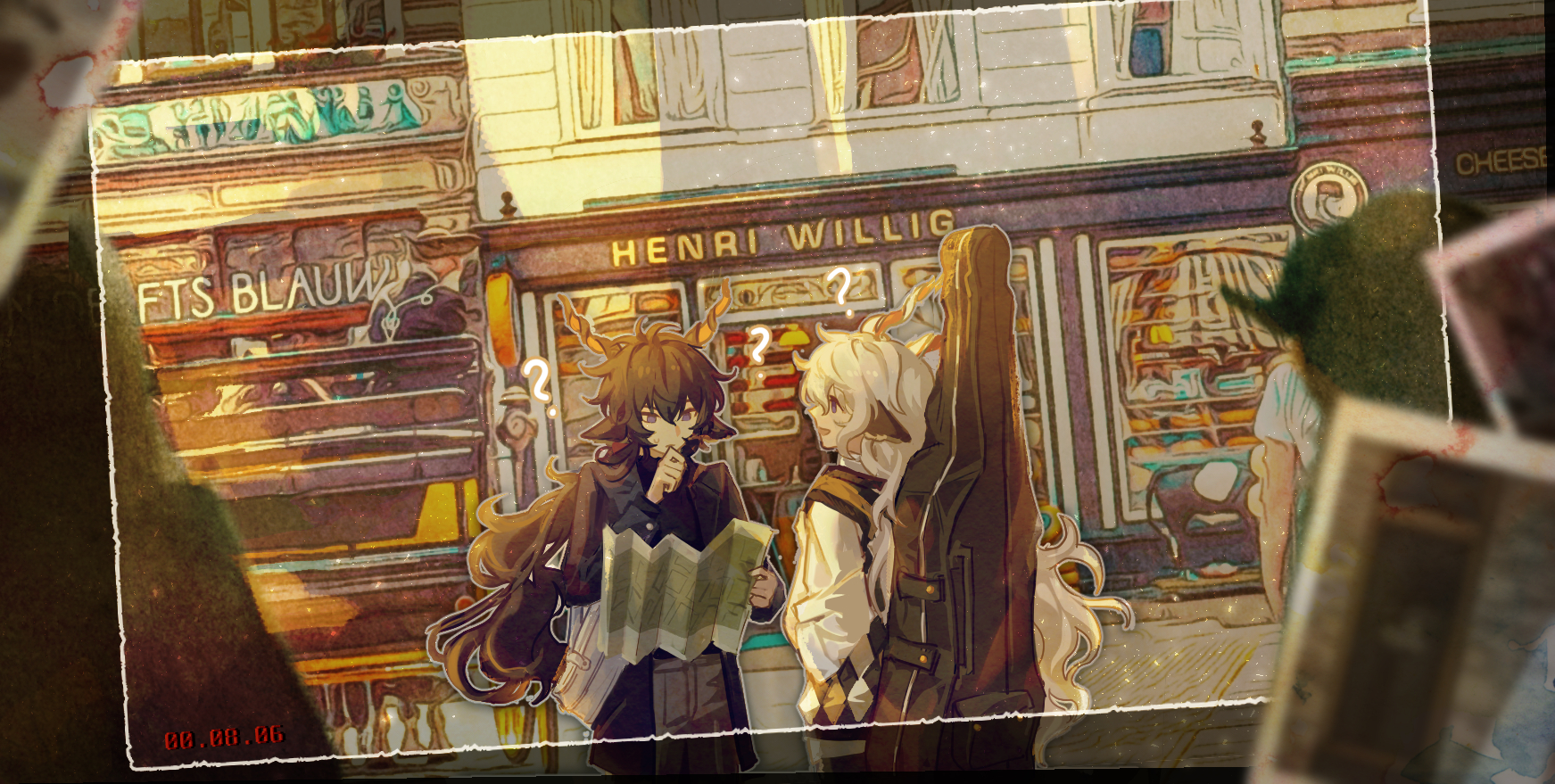 tomamo09, ebenholz (arknights), kreide (arknights), arknights, commentary, highres, 2boys, 3others, ?, animal ears, being lost, black hair, black shirt, building, dated, goat boy, goat ears, goat horns, hand on own chin, holding, holding map, horns, instrument case, instrument case on back, long hair, male focus, map, multiple boys, multiple others, outdoors, photo (object), postcard, purple eyes, shirt, thinking, upper body, white hair, white shirt, window