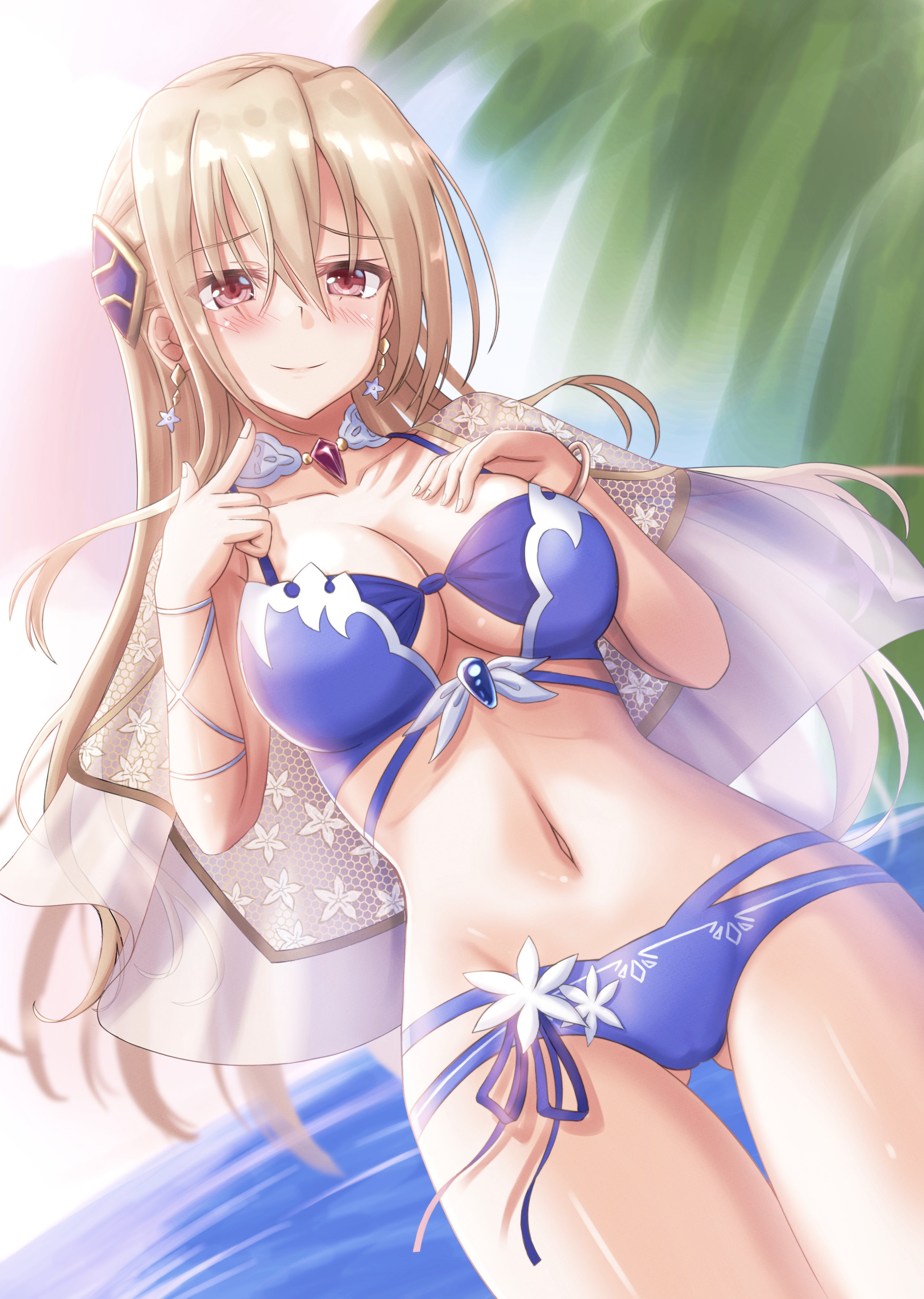 lio (maguri), shirakawa yuina, heaven burns red, absurdres, highres, 1girl, bikini, blonde hair, blue bikini, blush, bracelet, breasts, capelet, cleavage, closed mouth, collar, collarbone, cowboy shot, day, dutch angle, earrings, eyelashes, eyes visible through hair, gluteal fold, groin, hair between eyes, hair ornament, hand on own chest, hands up, jewelry, large breasts, long hair, looking at viewer, navel, ocean, outdoors, red eyes, shiny skin, sidelocks, smile, solo, standing, stomach, straight hair, swimsuit, thigh gap, thighs, tree, underboob, very long hair, water, white capelet, white collar