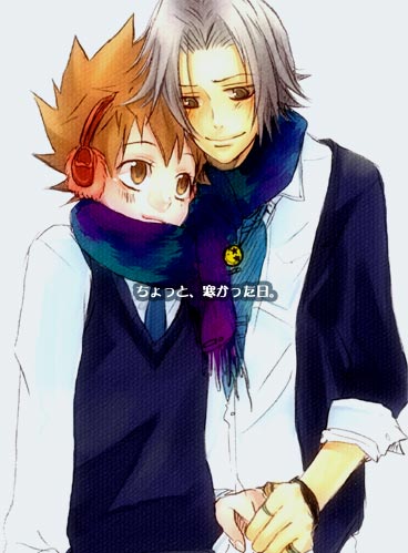 gokudera hayato, sawada tsunayoshi, katekyo hitman reborn!, lowres, 00s, 2boys, blush, brown hair, grey hair, male focus, multiple boys, scarf, school uniform, short hair, smile, yaoi