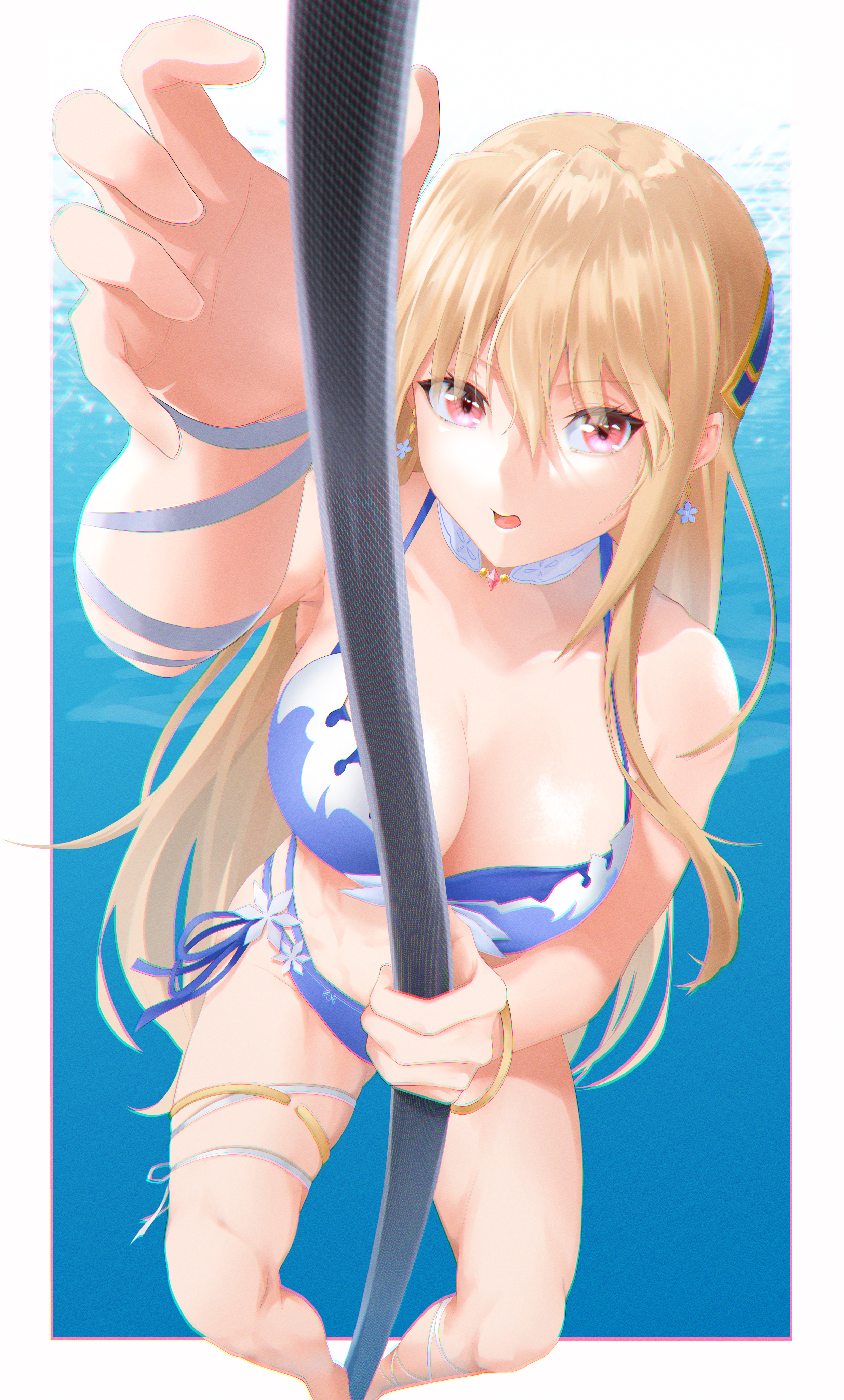 jjaga236, shirakawa yuina, heaven burns red, absurdres, highres, 1girl, arm up, bangle, bare shoulders, bikini, blonde hair, blue bikini, border, bracelet, breasts, choker, cleavage, climbing, collarbone, earrings, from above, hair between eyes, hair ornament, holding, holding pole, jewelry, large breasts, leg ribbon, long hair, looking at viewer, medium breasts, official alternate costume, open mouth, outside border, pole, pole dancing, red eyes, ribbon, side-tie bikini bottom, sidelocks, solo, standing, swimsuit, thigh ribbon, thigh strap, very long hair, water, white border, white choker, white ribbon