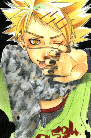 joushima ken, katekyo hitman reborn!, lowres, non-web source, 00s, 1boy, blonde hair, hair ornament, hairpin, male focus, one eye closed, scar, scarf, short hair, solo, tongue, wink