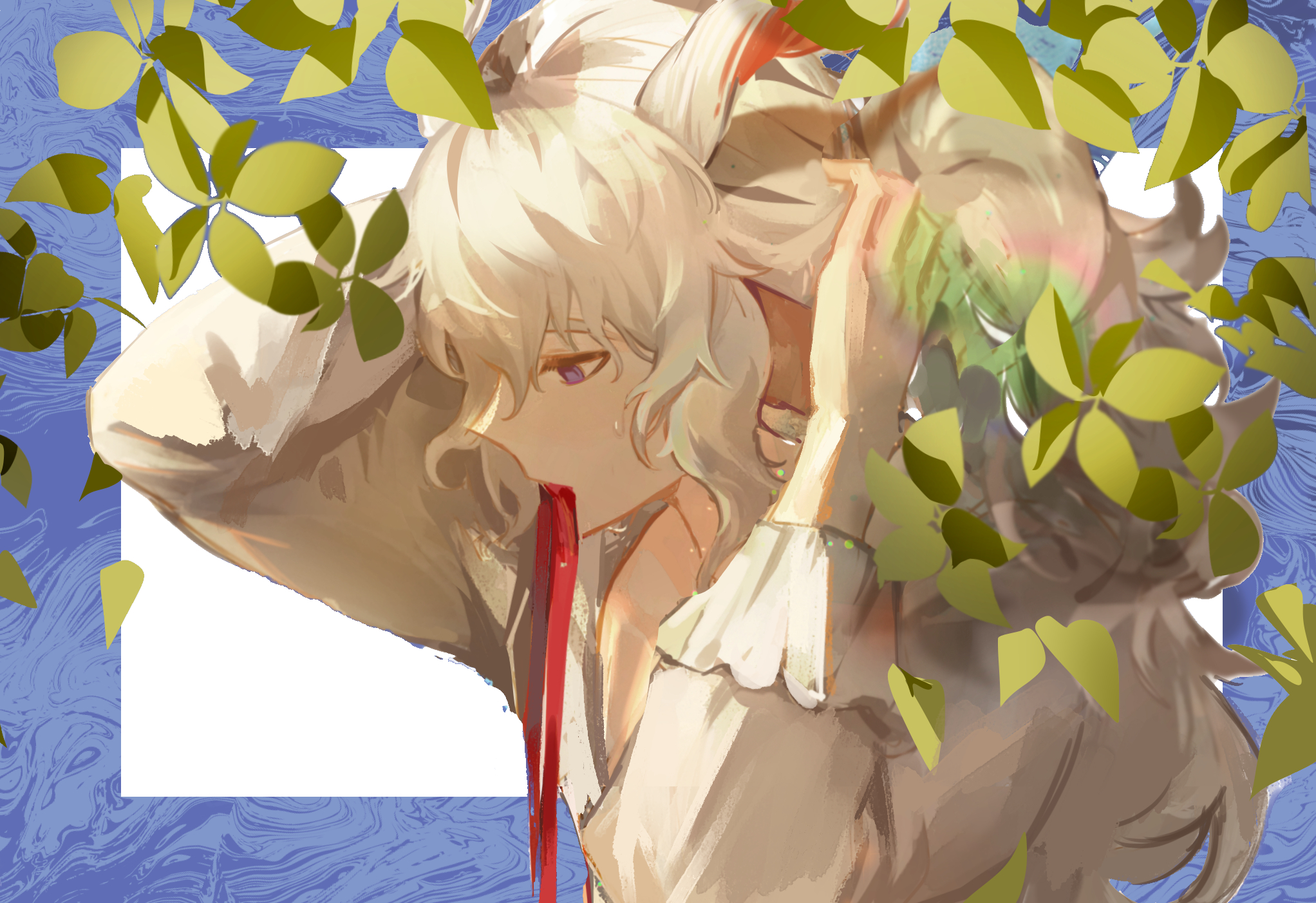 tomamo09, kreide (arknights), arknights, commentary, highres, 1boy, animal ears, blue background, border, goat boy, goat ears, goat horns, hair tie in mouth, half-closed eyes, horns, long sleeves, male focus, mouth hold, patterned background, plant, purple eyes, red ribbon, ribbon, shirt, sick, solo, sweat, tying hair, upper body, white background, white shirt