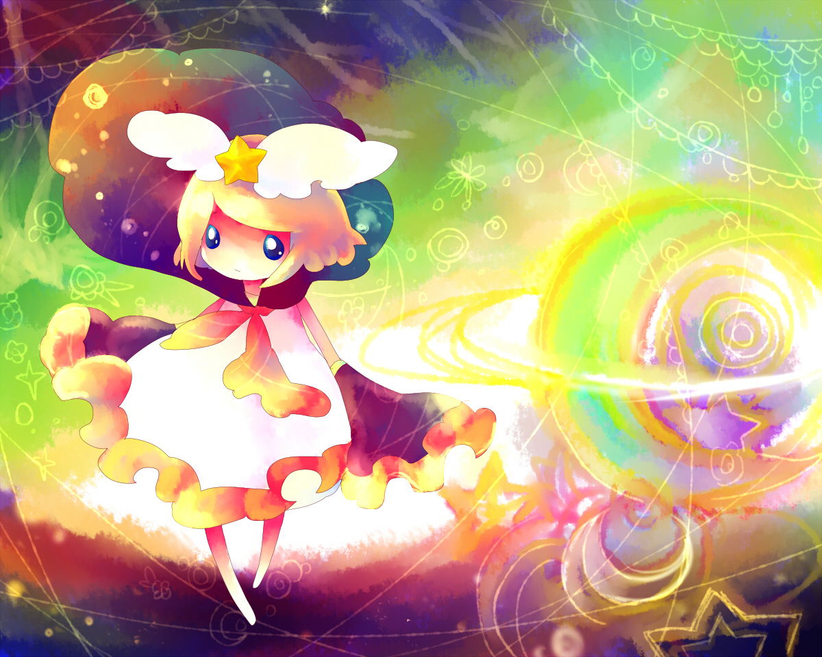 hashimochi, kagamine rin, gemini (vocaloid), vocaloid, barefoot, blonde hair, blue eyes, chibi, colorful, detached sleeves, head wings, ribbon, short hair, solo, star (symbol), wings