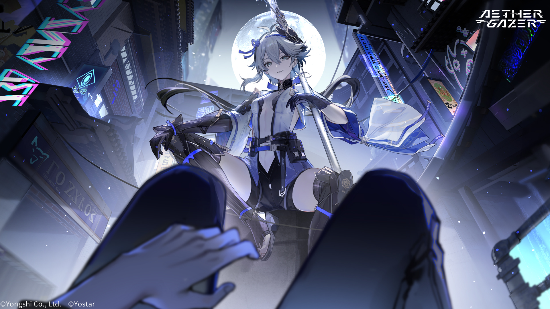kuramitsuha (aether gazer), aether gazer, artist request, highres, official art, 1girl, ahoge, asymmetrical gloves, black gloves, black hair, breasts, building, center opening, copyright notice, elbow gloves, full moon, gloves, grey eyes, grey hair, holding, holding polearm, holding weapon, linea alba, moon, multicolored hair, polearm, single elbow glove, sitting, small breasts, streaked hair, weapon