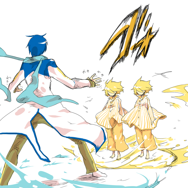hashimochi, kagamine len, kagamine rin, kaito (vocaloid), vocaloid, 1girl, 2boys, barefoot, blonde hair, blue hair, blue scarf, feet, multiple boys, scarf