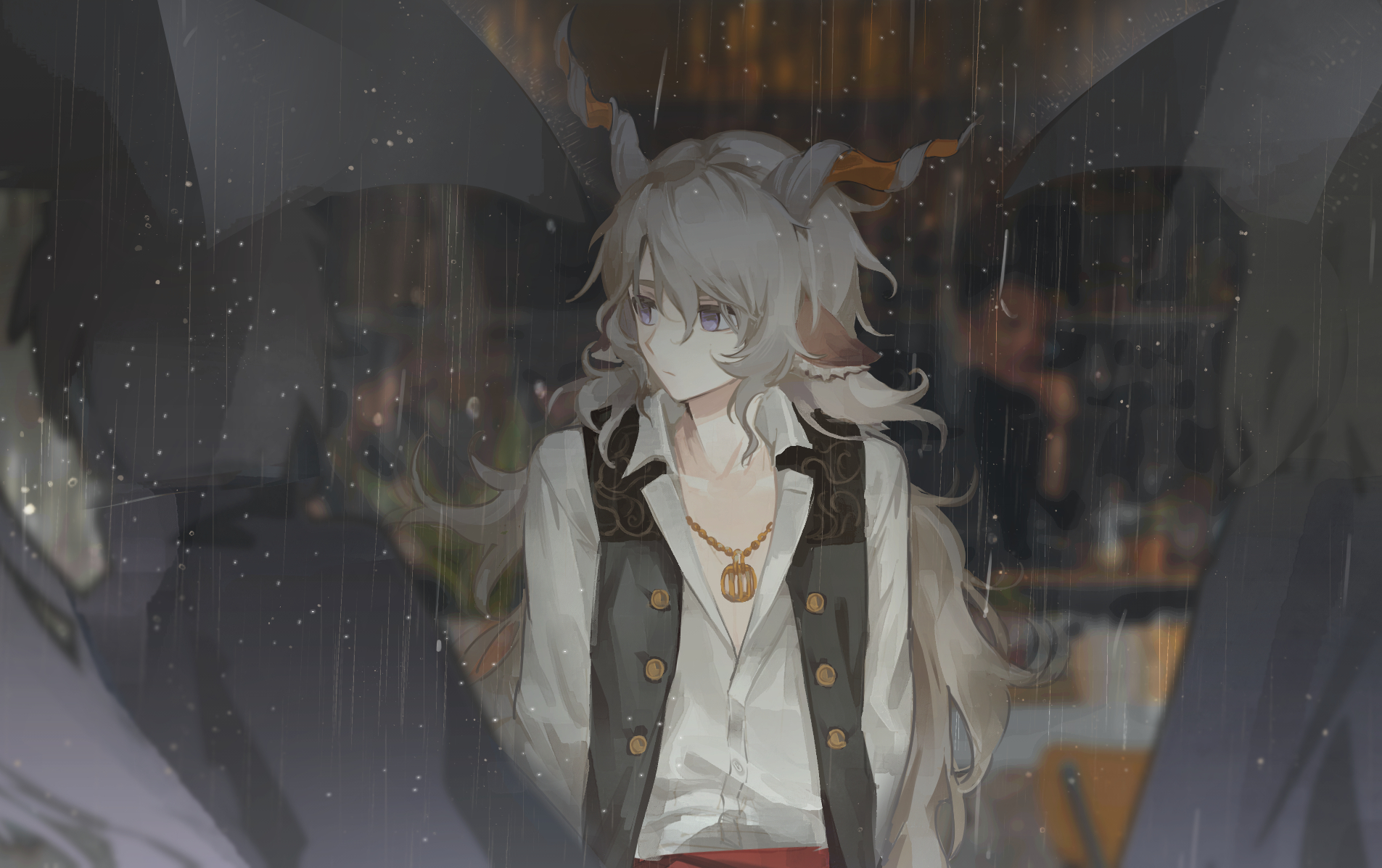 tomamo09, kreide (arknights), arknights, commentary, highres, 1boy, 3others, animal ears, arms at sides, black jacket, buttons, frown, goat boy, goat ears, goat horns, grey hair, holding, holding umbrella, horns, jacket, jewelry, letterboxed, long hair, looking to the side, male focus, multiple others, necklace, outdoors, purple eyes, rain, shirt, sidelocks, sleeveless, sleeveless jacket, umbrella, upper body, white shirt