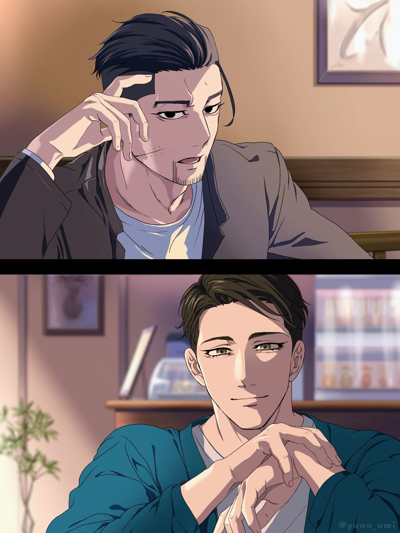 washiko (rasuko), hanazawa yusaku, ogata hyakunosuke, golden kamuy, highres, 2boys, black eyes, black hair, blurry, blurry background, brown eyes, contemporary, eyelashes, facial hair, goatee, grey jacket, jacket, long sleeves, looking at viewer, male focus, multiple boys, scar, scar on face, shirt, short hair, smile, undercut, white shirt
