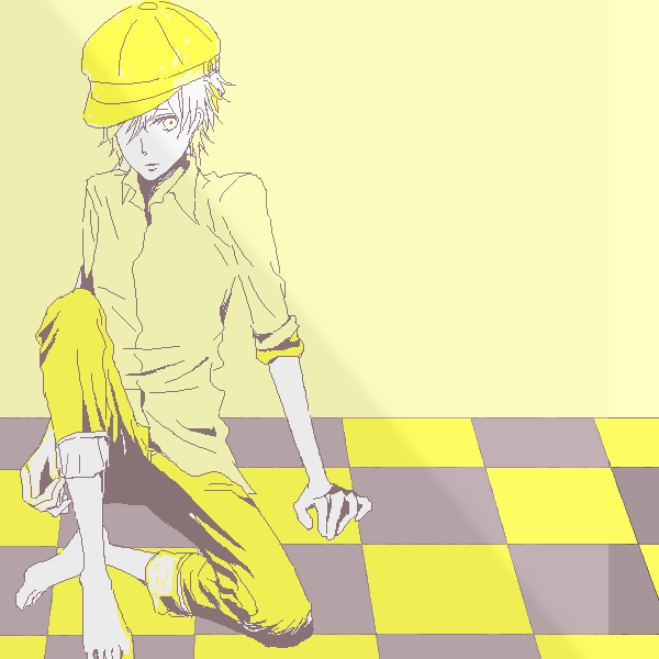 shirogane naoto, atlus, persona, persona 4, non-web source, 1girl, androgynous, barefoot, checkered floor, feet, female focus, hat, monochrome, oekaki, perspective, reverse trap, solo, yellow theme