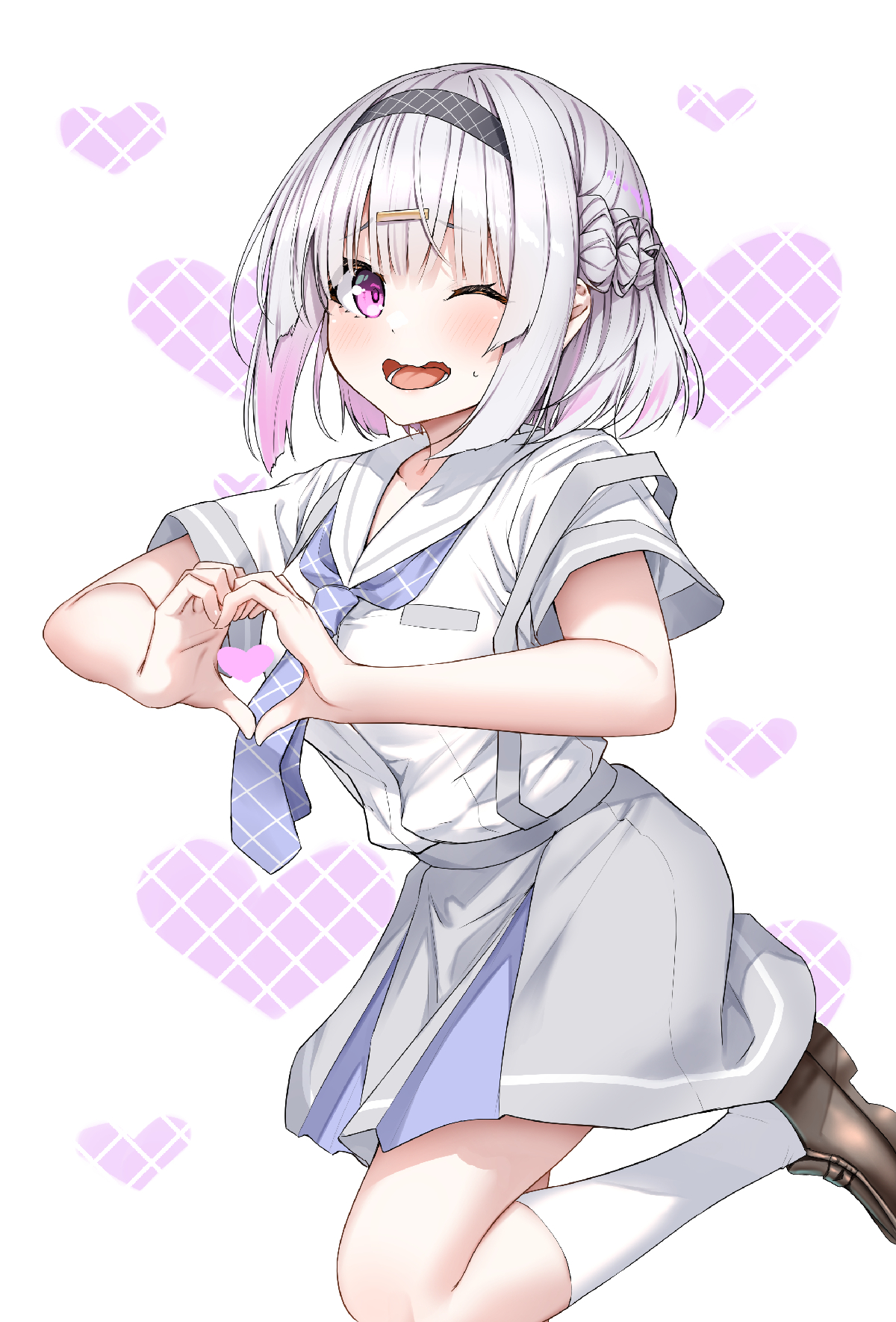 sahara386, kamikakushi no eden, character request, commentary request, highres, 1girl, ;d, black hairband, black shoes, grey hair, grey skirt, hair ornament, hairband, hairclip, heart, heart background, heart hands, heart in heart hands, looking at viewer, lower teeth only, necktie, one eye closed, open mouth, pink eyes, purple necktie, shirt, shirt tucked in, shoes, short hair, skirt, small sweatdrop, smile, socks, solo, standing, standing on one leg, suspender skirt, suspenders, teeth, white background, white shirt, white socks