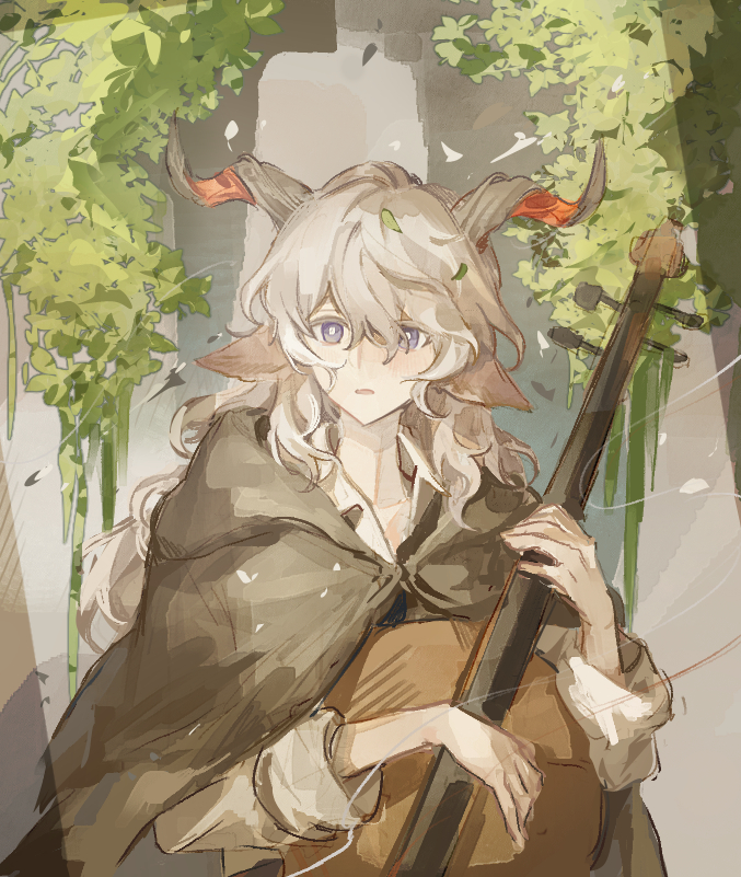 tomamo09, kreide (arknights), arknights, commentary, 1boy, animal ears, arch, bad anatomy, bad hands, blush, bright pupils, brown cloak, bush, cello, cloak, goat boy, goat ears, goat horns, holding, holding instrument, horns, instrument, long sleeves, looking at viewer, male focus, outdoors, parted lips, purple eyes, shirt, sidelocks, solo, upper body, white hair, white pupils, white shirt
