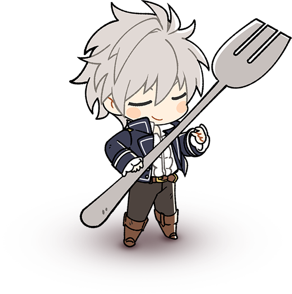 joshua von arnim, nexon, tales weaver, artist request, official art, second-party source, 1boy, ankle boots, black pants, blue jacket, blue sleeves, blush stickers, boots, brown boots, buttons, center frills, chibi, chibi only, closed eyes, flat color, frilled sleeves, frills, full body, grey hair, hair between eyes, high collar, holding, holding spork, jacket, lapels, legs apart, male focus, open clothes, open jacket, oversized object, pants, poet shirt, popped collar, shirt, short hair, sidelighting, simple background, sleeve cuffs, smile, solo, spork, standing, transparent background, unbuttoned jacket, white shirt