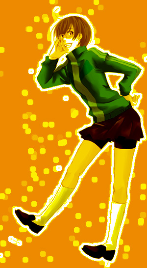 satonaka chie, atlus, persona, persona 4, 1girl, brown eyes, brown hair, contrapposto, female focus, glasses, grin, hand on own hip, jacket, long sleeves, looking at viewer, orange background, simple background, smile, socks, solo, standing, track jacket, turtleneck