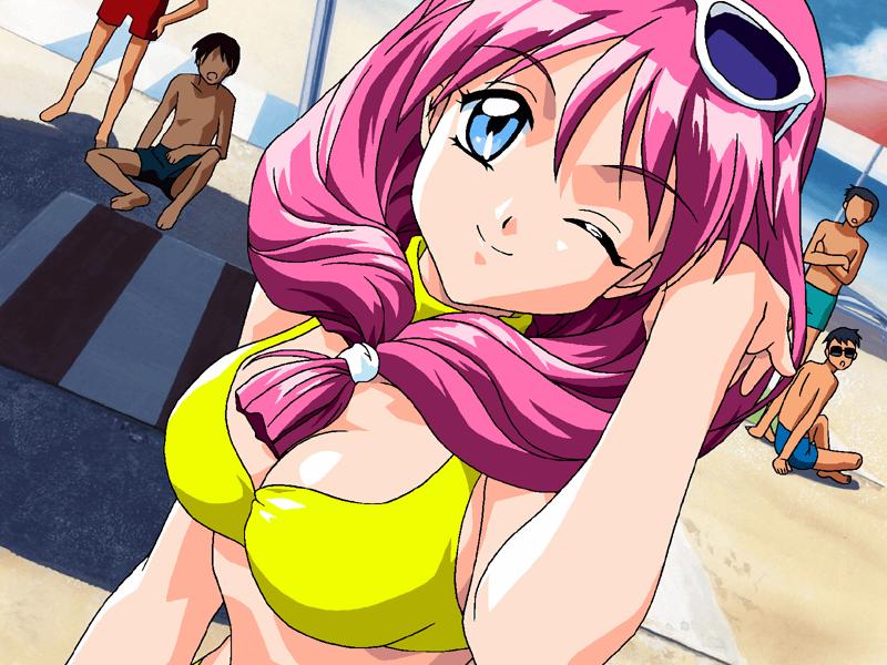 kokura masashi, shirayuki maho, tokimeki memorial, tokimeki memorial 2, official art, scan, 1990s (style), 1girl, 4boys, adjusting hair, beach, bikini, blue eyes, breasts, cleavage, day, dutch angle, eyewear on head, front ponytail, large breasts, multiple boys, one eye closed, outdoors, pink hair, retro artstyle, smile, sunglasses, swimsuit, wink, yellow bikini