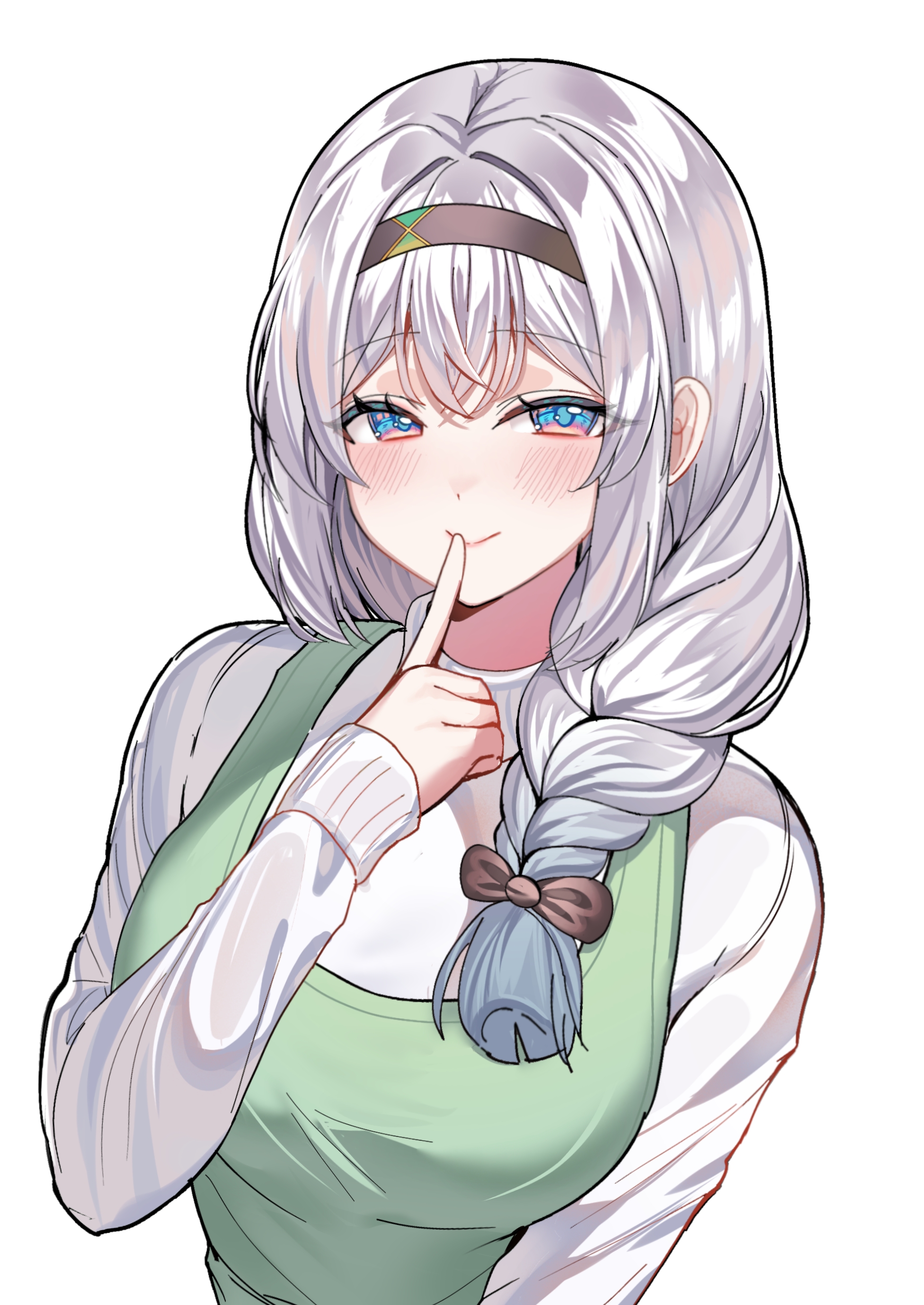 devl ga aru, firefly (honkai: star rail), honkai: star rail, honkai (series), mihoyo, absurdres, highres, aged up, alternate costume, alternate hairstyle, aqua eyes, black hairband, blue hair, blush, braid, breasts, closed mouth, finger to mouth, gradient hair, grey hair, hair between eyes, hair ornament, hairband, index finger raised, long hair, long sleeves, looking at viewer, low-tied long hair, medium breasts, multicolored hair, simple background, smile, sweater, very long hair, white background, white sweater