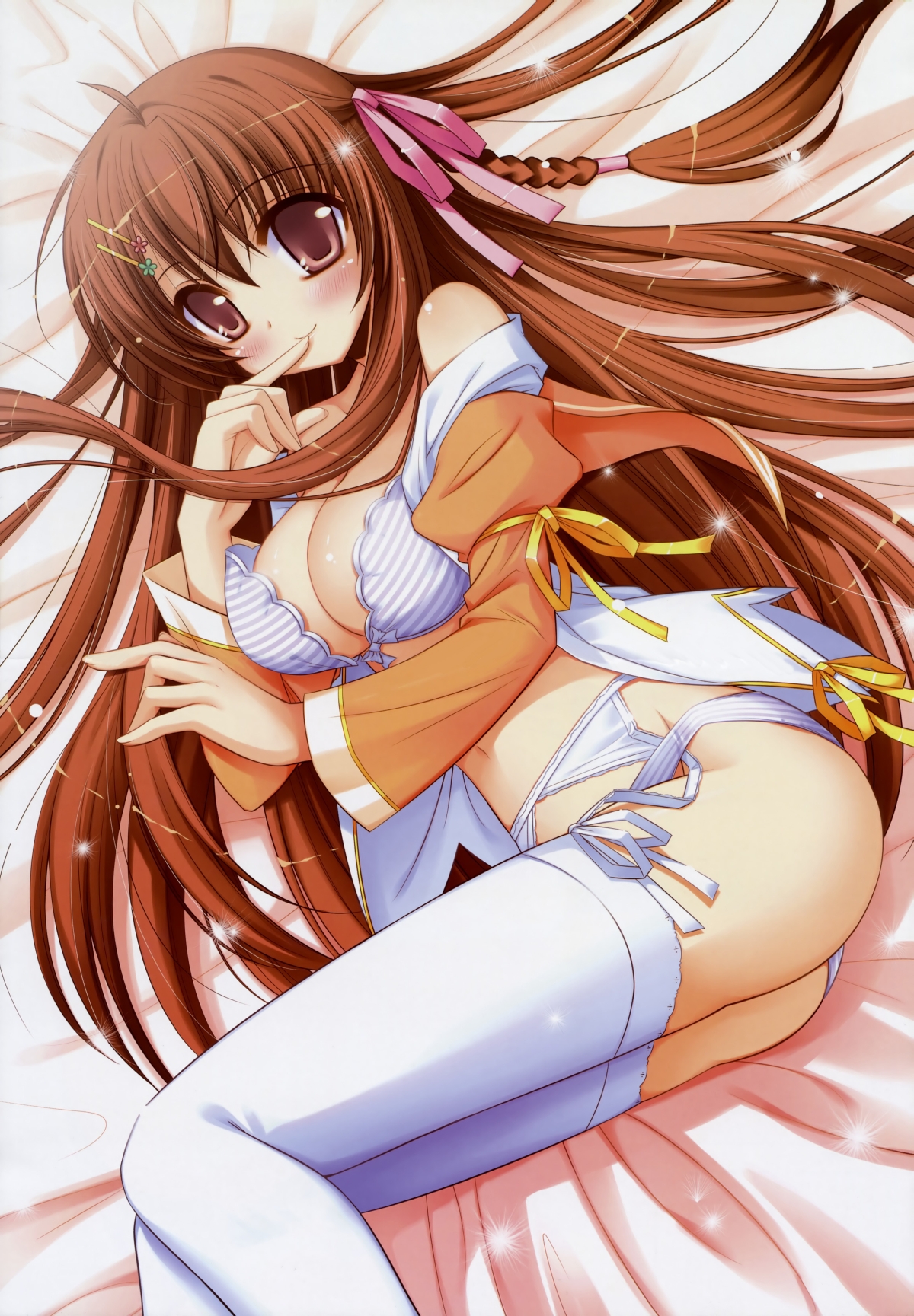 inugahora an, ichinose yuuka, tsunagaru bangle, highres, 1girl, brown eyes, brown hair, female focus, garter belt, long hair, solo, thighhighs, white thighhighs