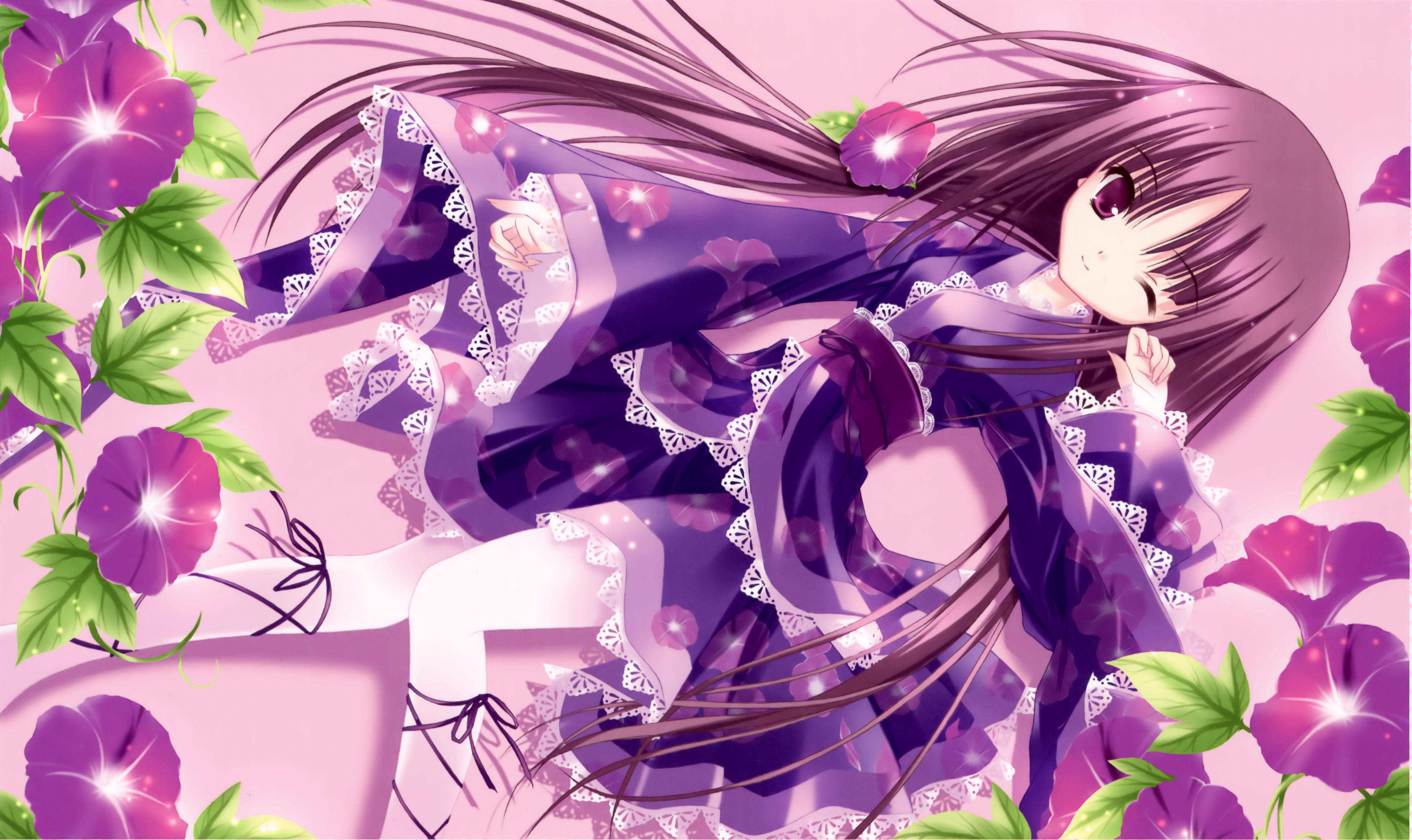 tinker bell (pixiv 10956015), absurdres, highres, flower, japanese clothes, long hair, pantyhose, purple eyes, purple hair, solo