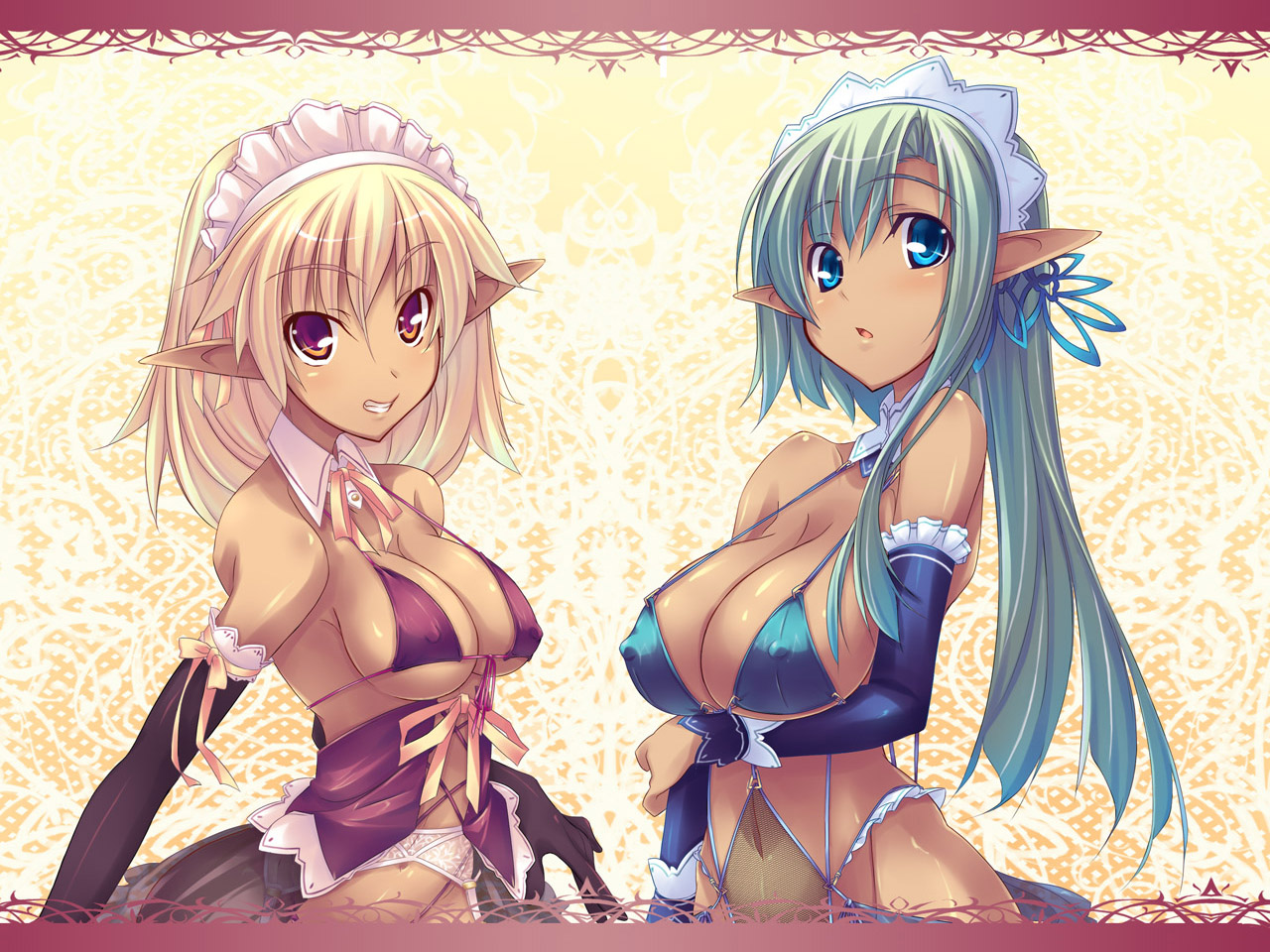 shimakaze (soundz of bell), original, 2girls, bikini, bikini top only, blonde hair, blue eyes, breasts, cleavage, covered erect nipples, dark-skinned female, dark elf, dark skin, detached sleeves, elf, green hair, large breasts, long hair, multiple girls, out-of-frame censoring, pointy ears, swimsuit